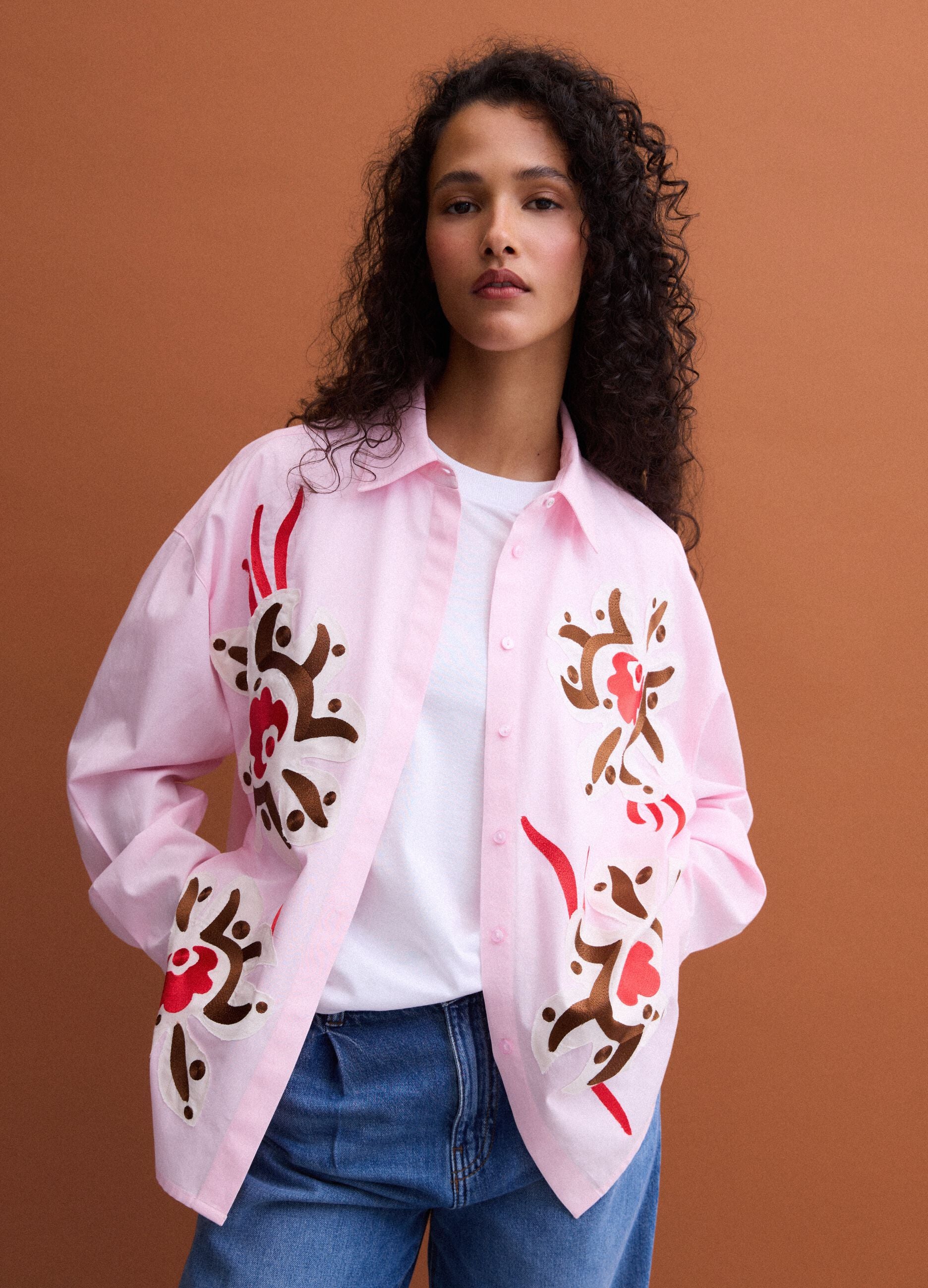 Rosa Hemd aus Popeline aus reiner Baumwolle mit Floral-Print, Regular Fit
