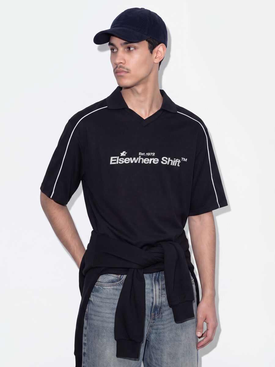 Schwarzes Oversize-Poloshirt aus reiner Baumwolle mit kurzen &Auml;rmeln_0