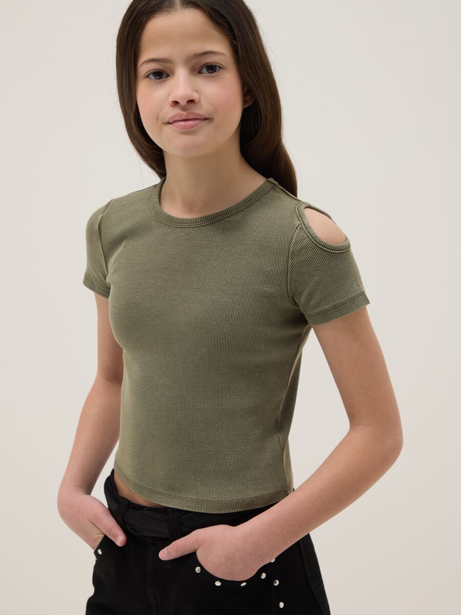 Green cut-out stretch cotton slim fit girl T-shirt_2
