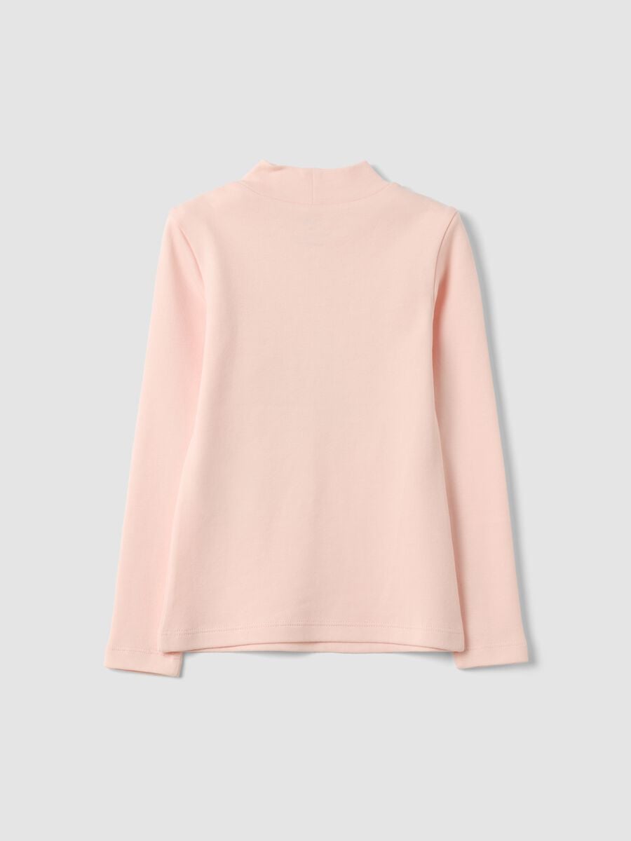 Pink organic cotton T-shirt with mock neck and teddy bear print_1