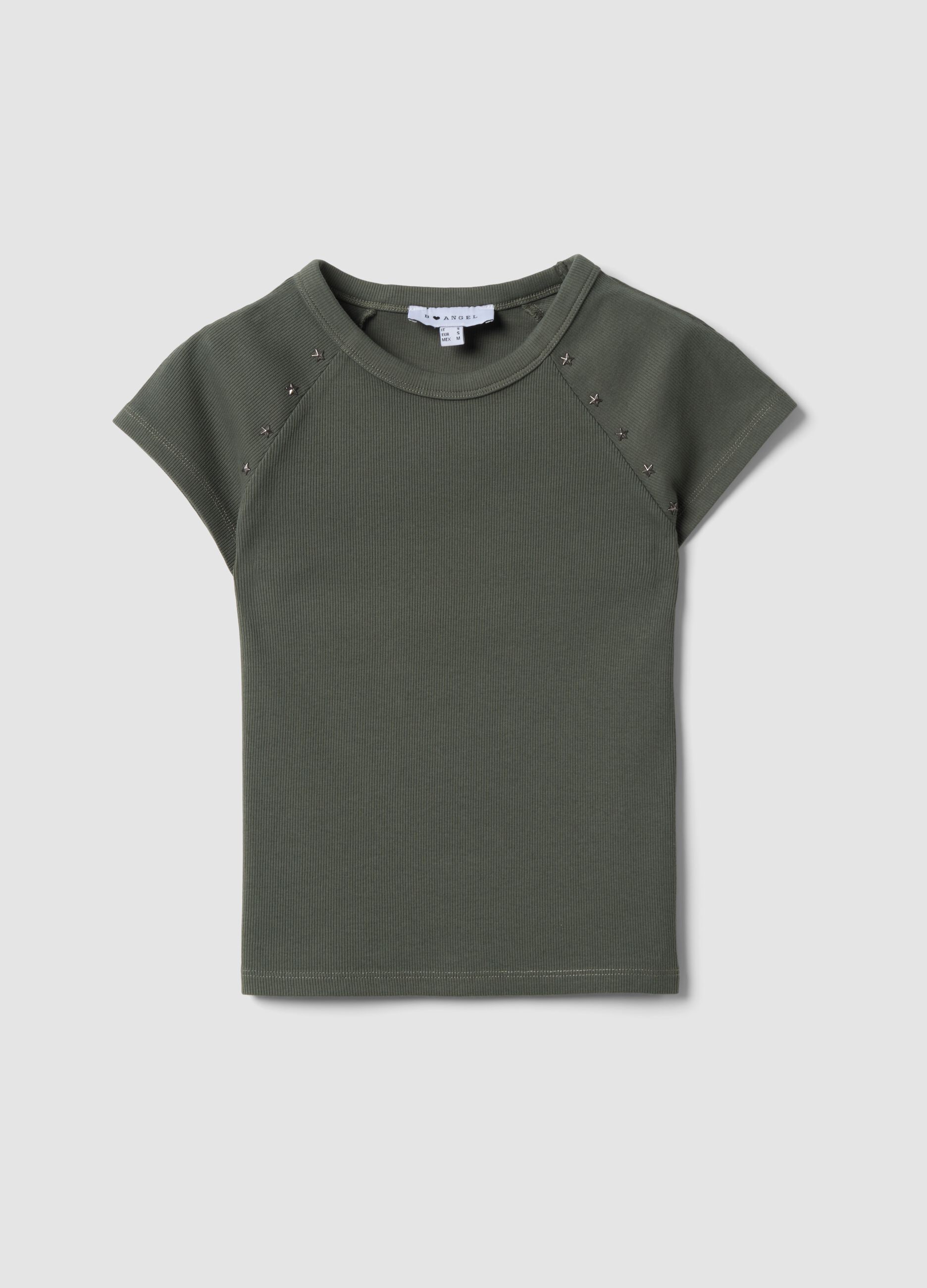 Gr&uuml;nes, figurbetontes T-Shirt aus geripptem Stretch-Baumwollstoff mit Nieten