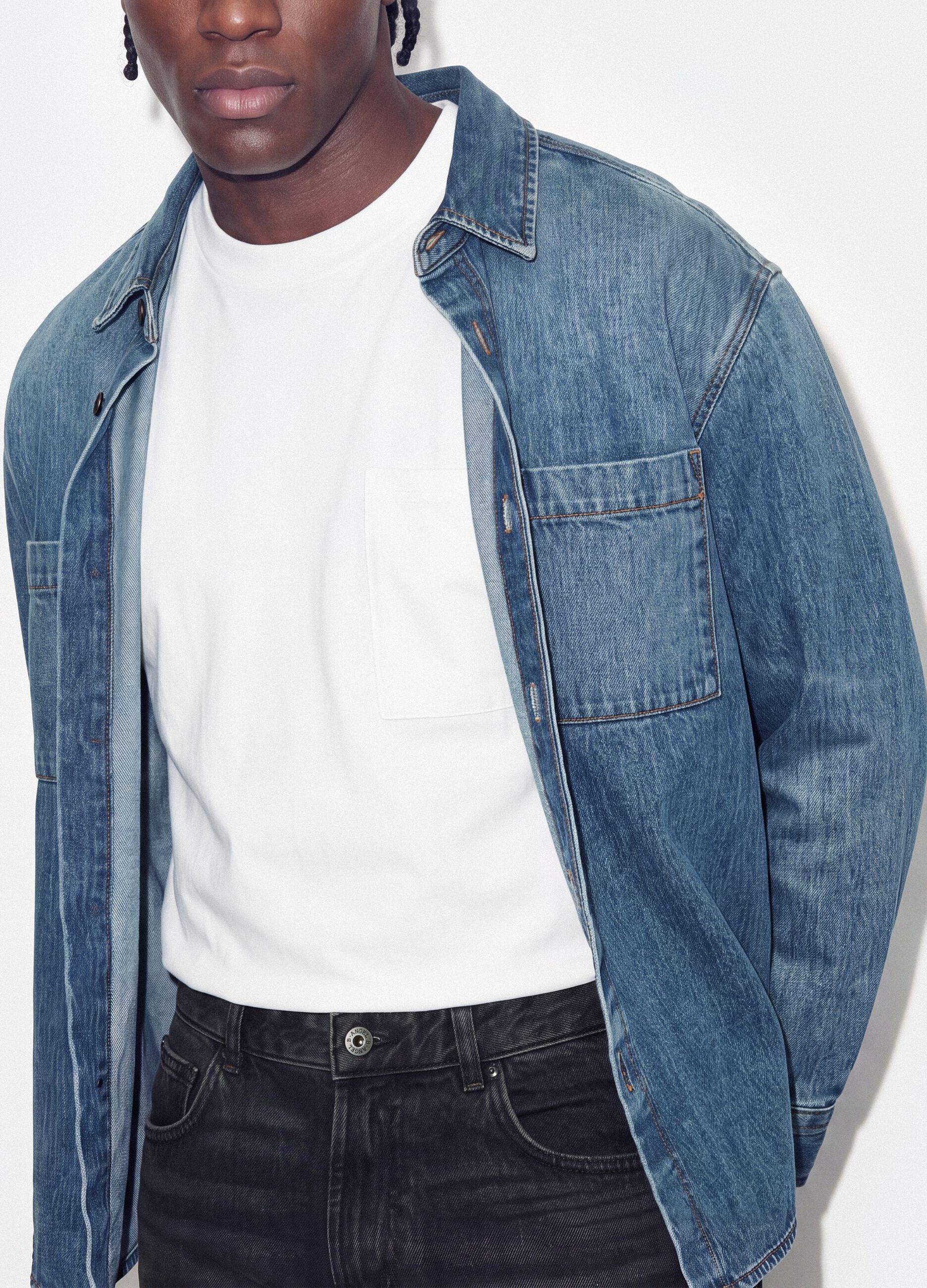 Blue pure cotton denim shirt, regular fit