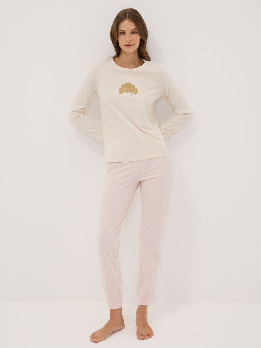 Beige organic cotton pyjamas with raised croissant embroidery_0