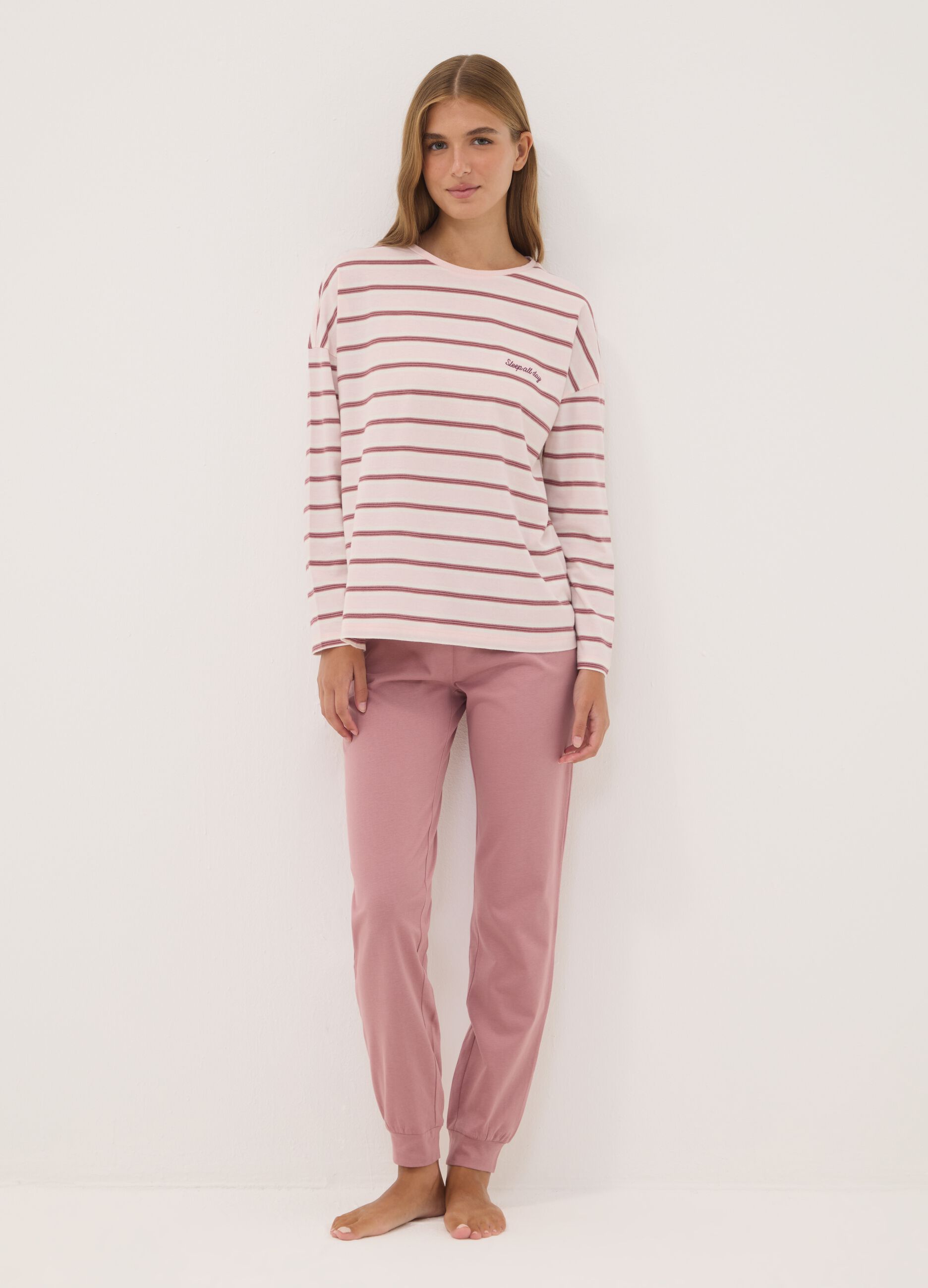 Pink pure organic cotton striped crew-neck pyjamas