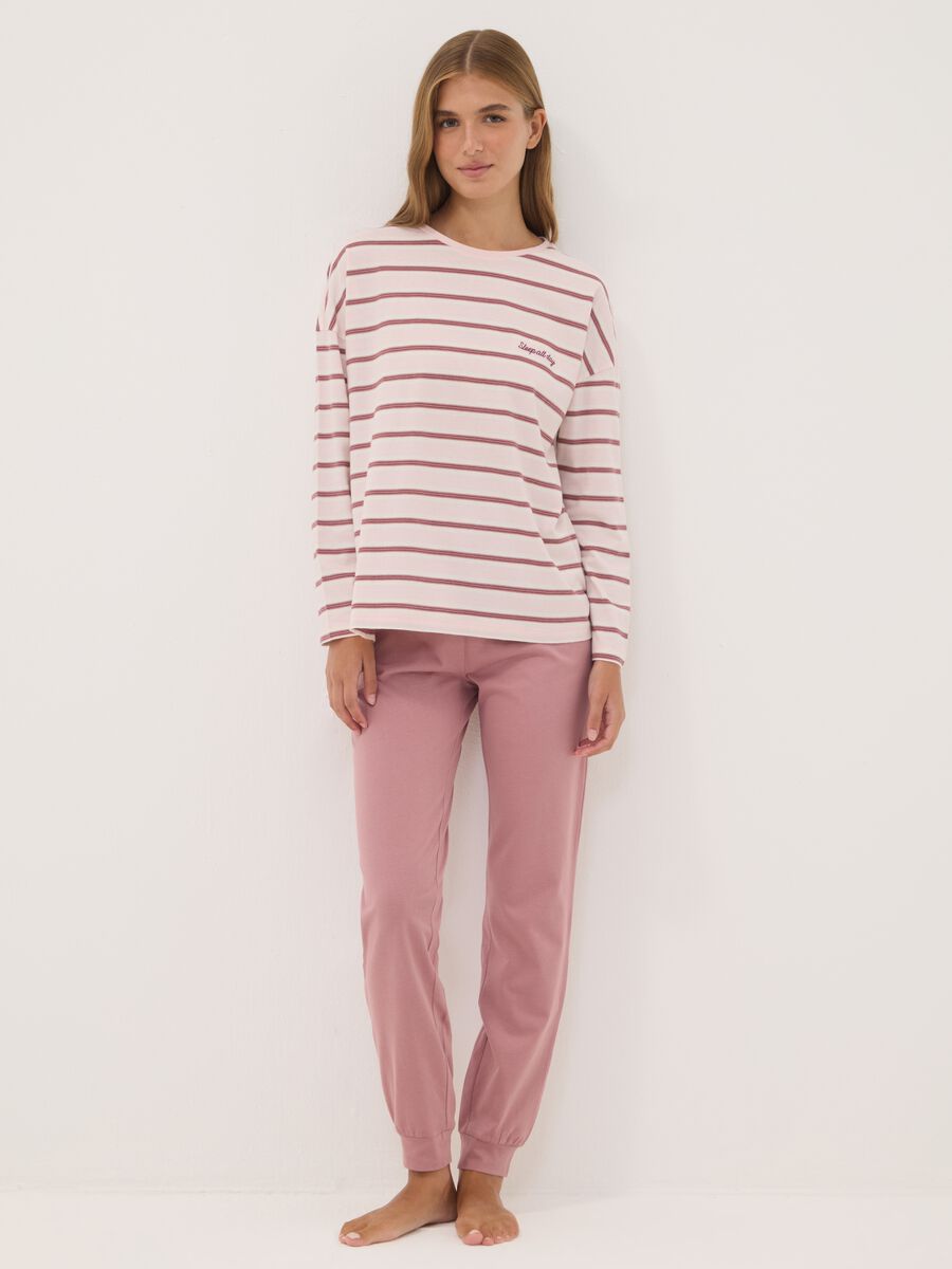 Pink pure organic cotton striped crew-neck pyjamas_0