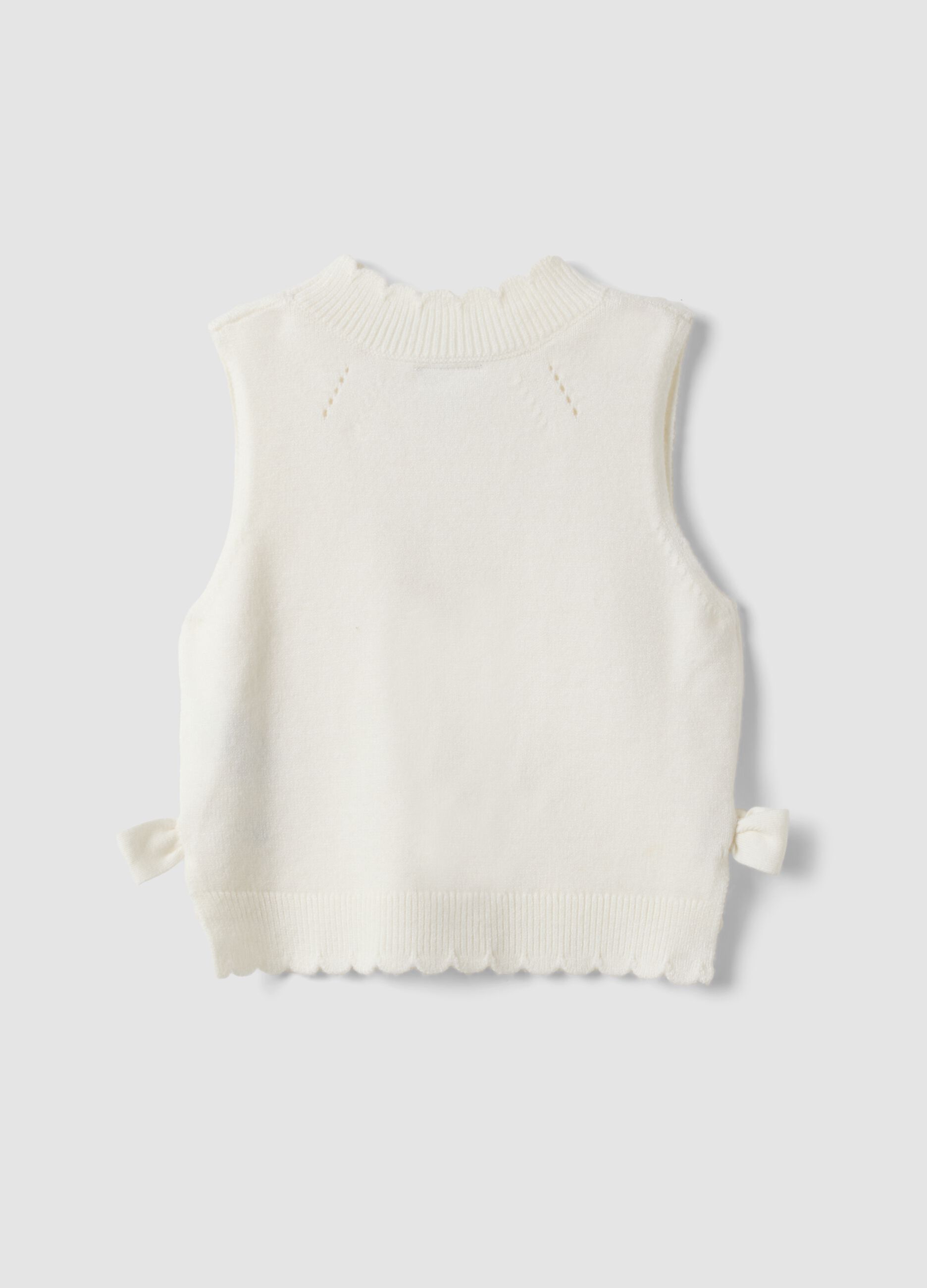 White crew-neck viscose-blend cable-knit gilet for baby girl