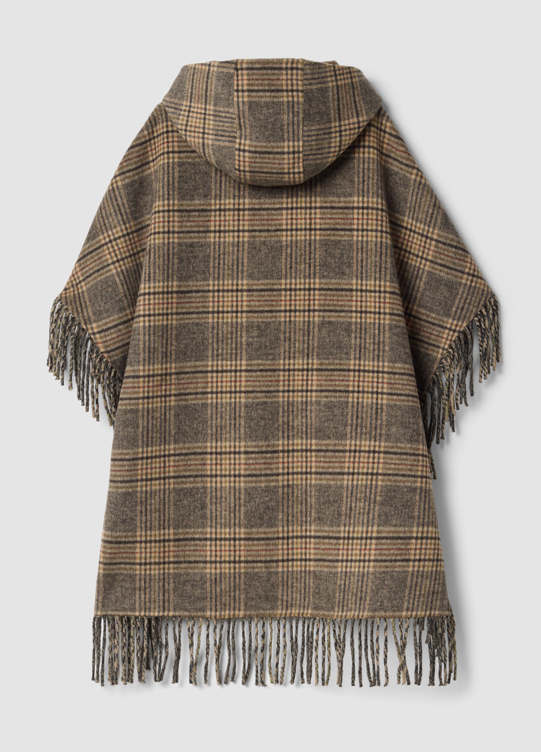 Brown checked wool and viscose blend cape with fringed trim