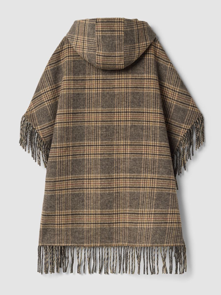 Brown checked wool and viscose blend cape with fringed trim_1