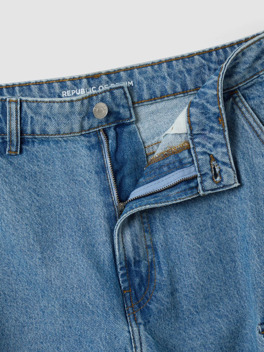 Blue pure cotton wide-leg cargo jeans_1