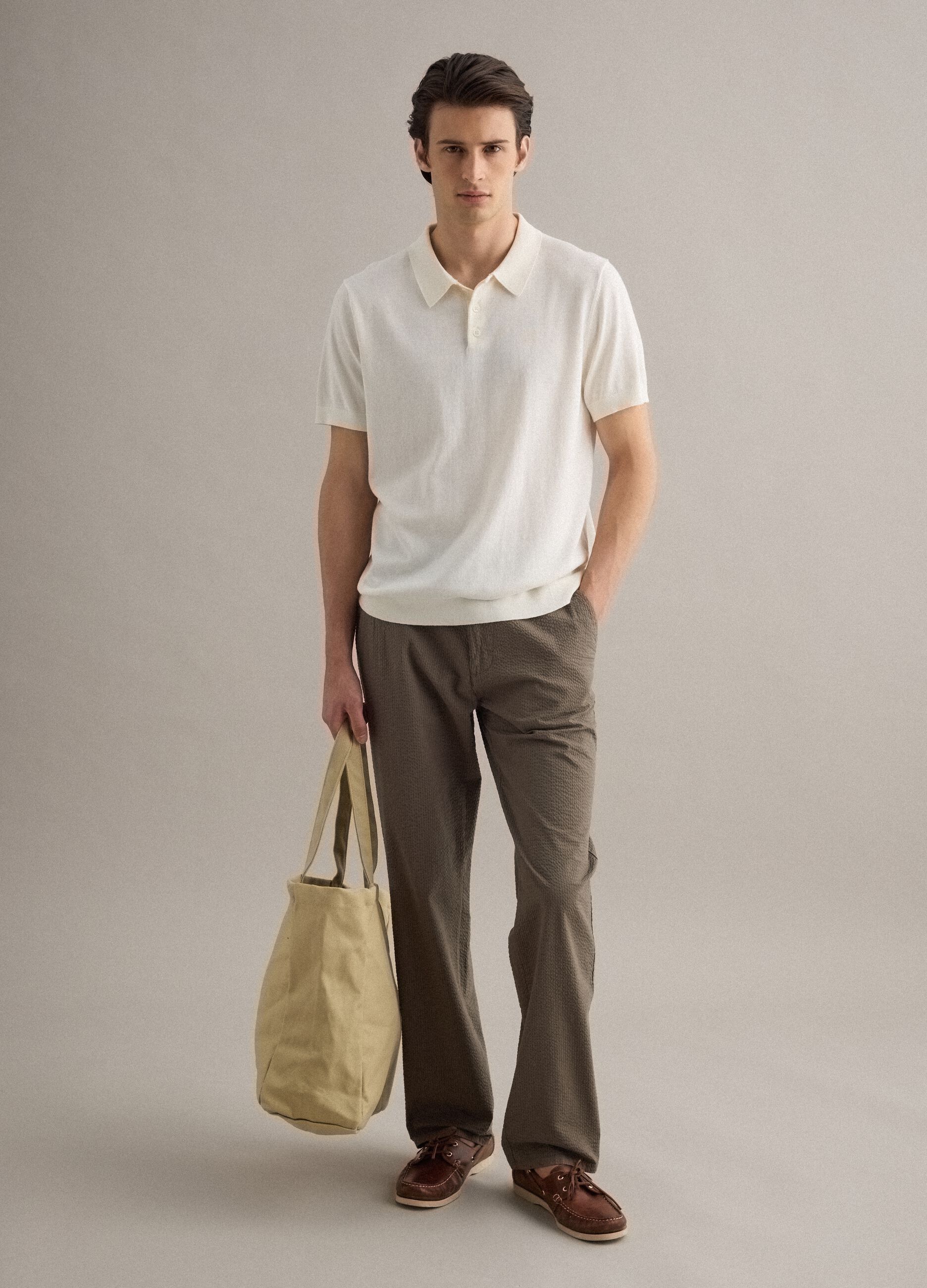 Regular fit white polo in cotton, linen, and silk blend