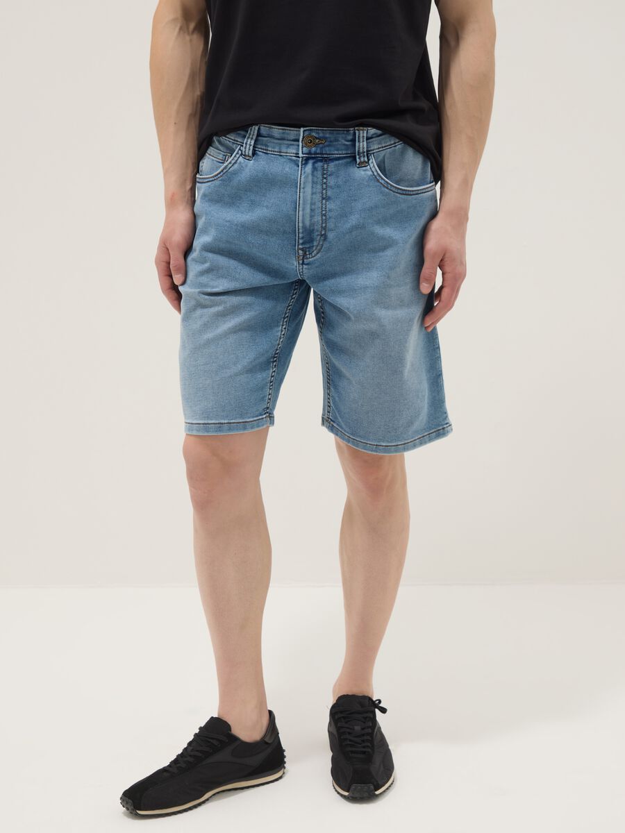 Blue stretch cotton-blend denim shorts, regular fit_1