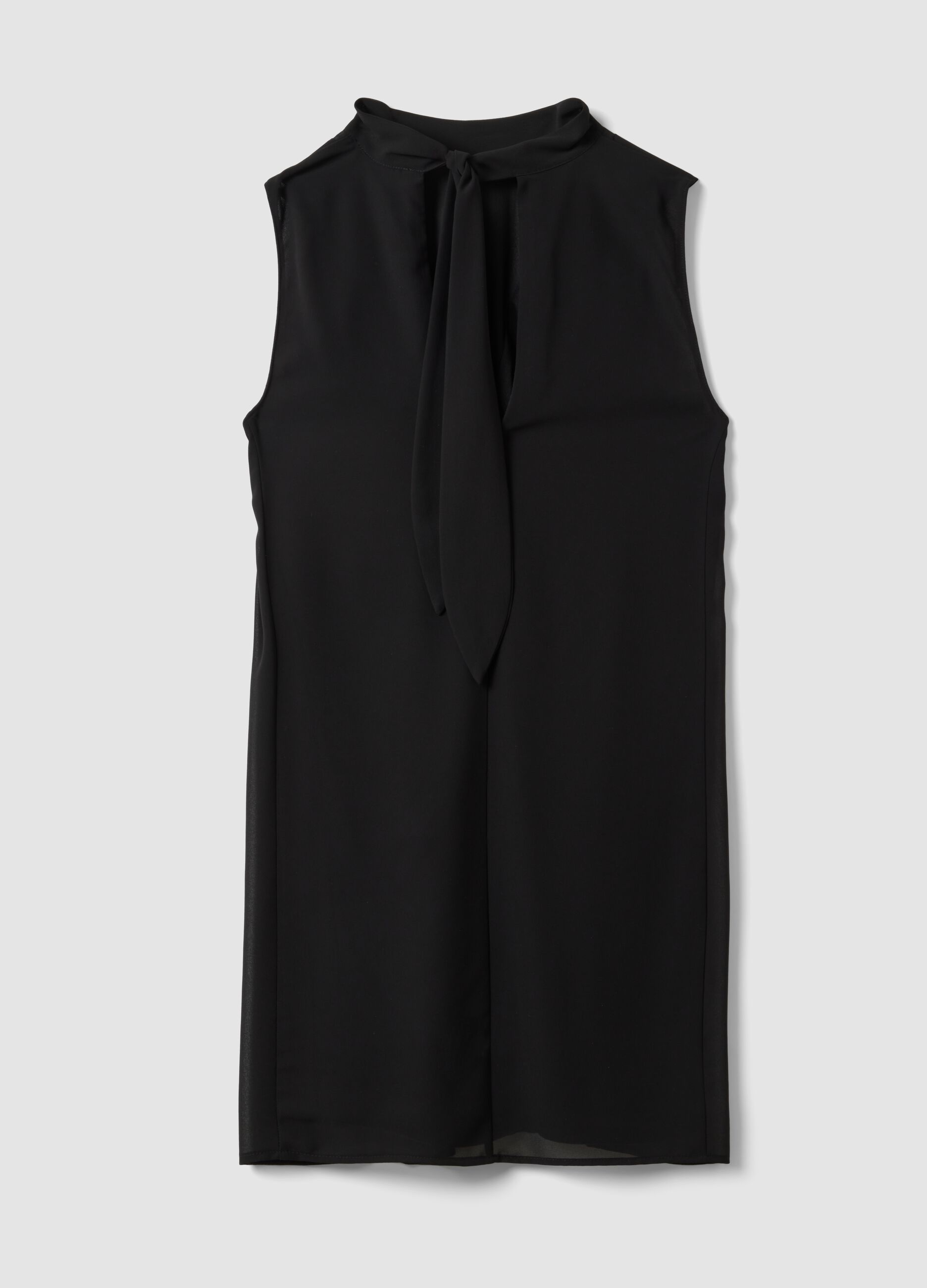 Black sleeveless high-neck slim-fit dress with bow