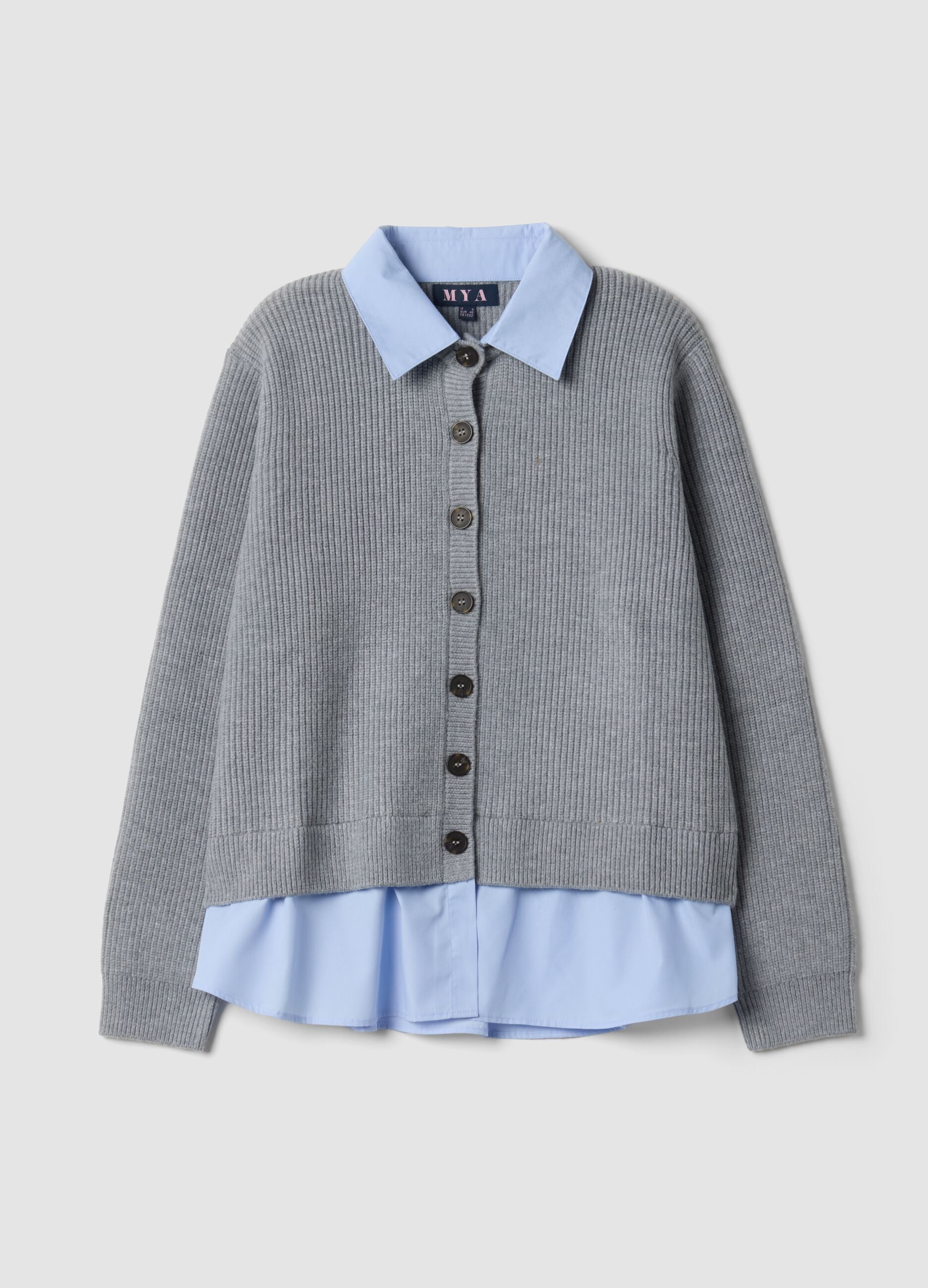 Grey rib-knit regular-fit cardigan with collar and layered-look detail