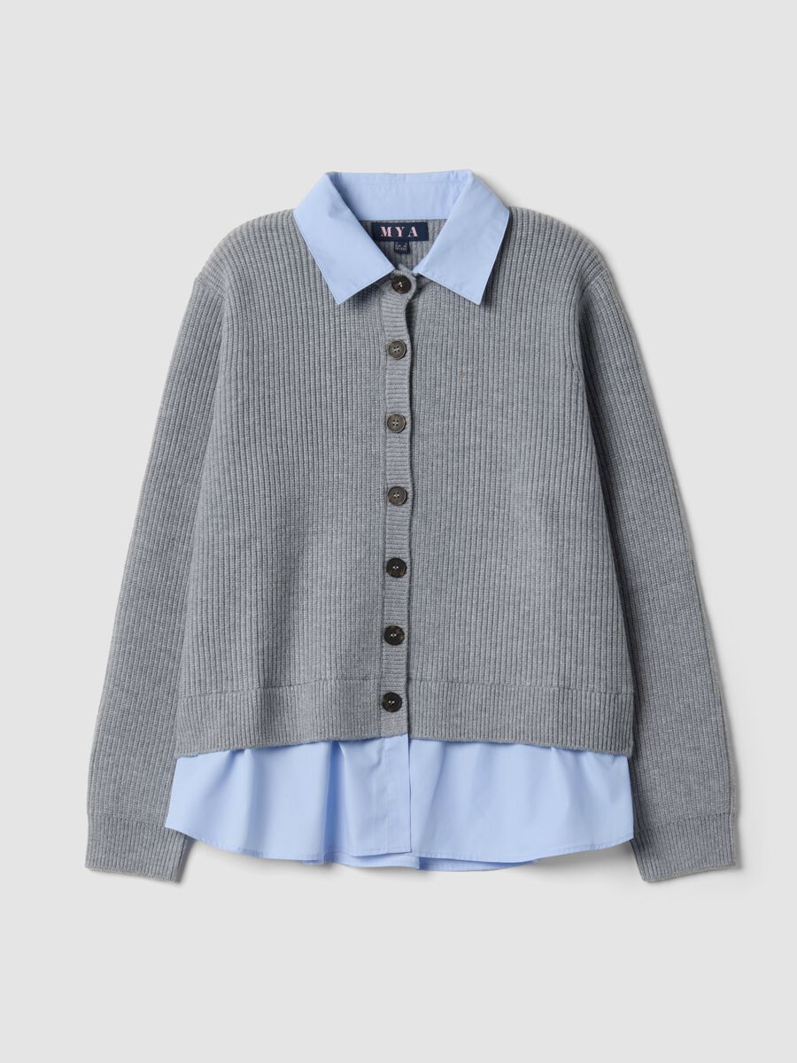 Grey rib-knit regular-fit cardigan with collar and layered-look detail_0