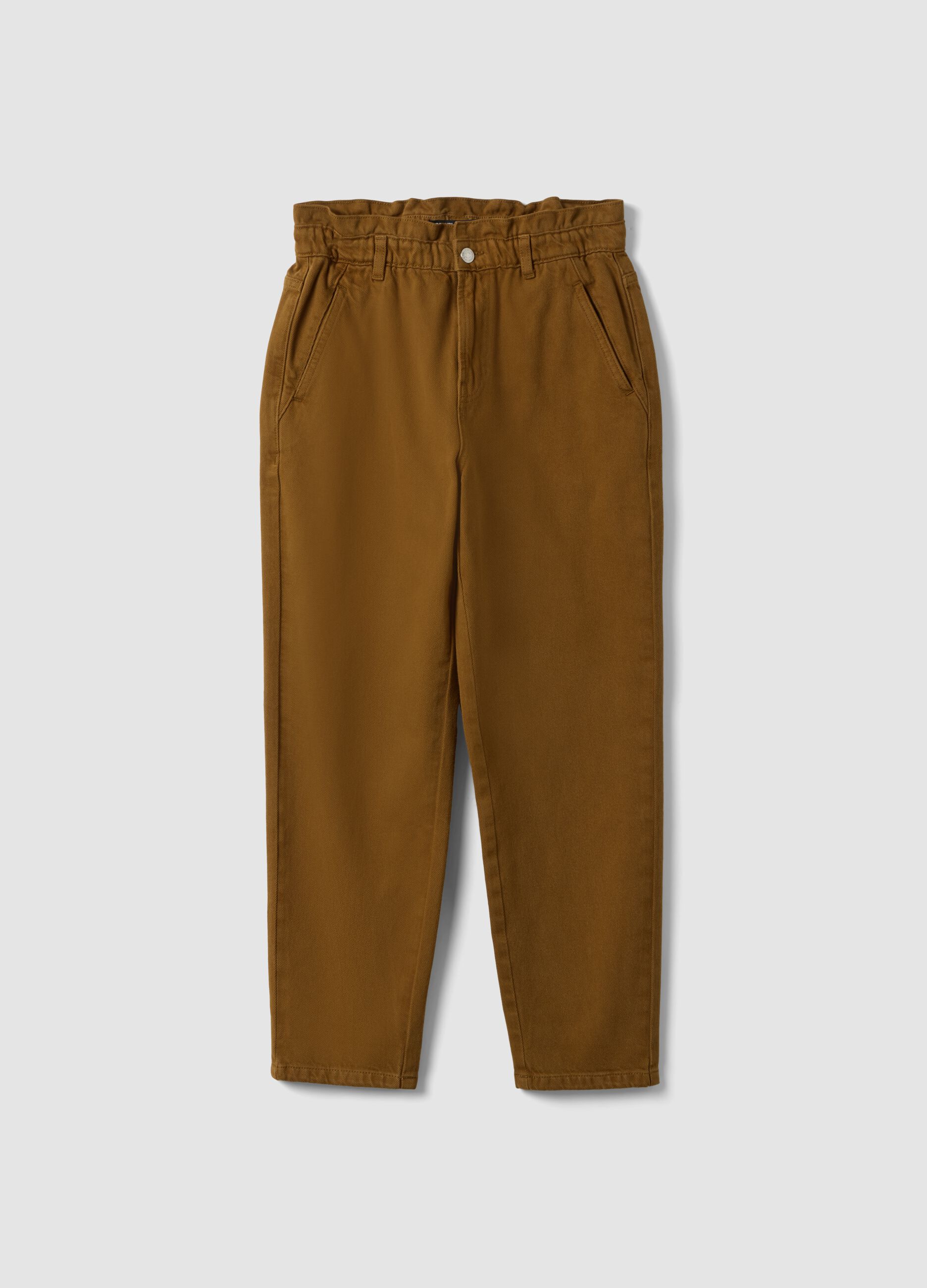 Bronze brown baggy-fit pure cotton denim jeans with paper-bag waist