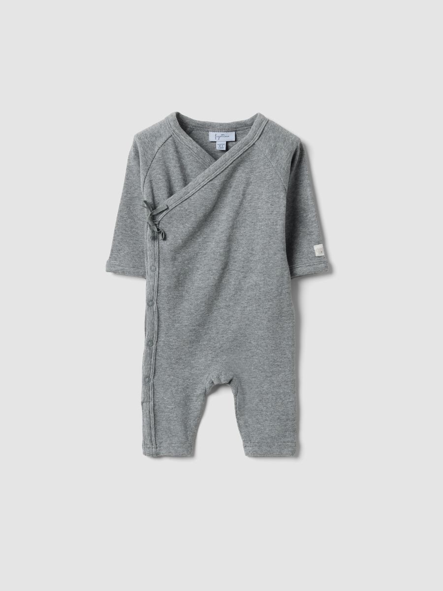 Grey organic cotton wrapover sleepsuit for newborns_0