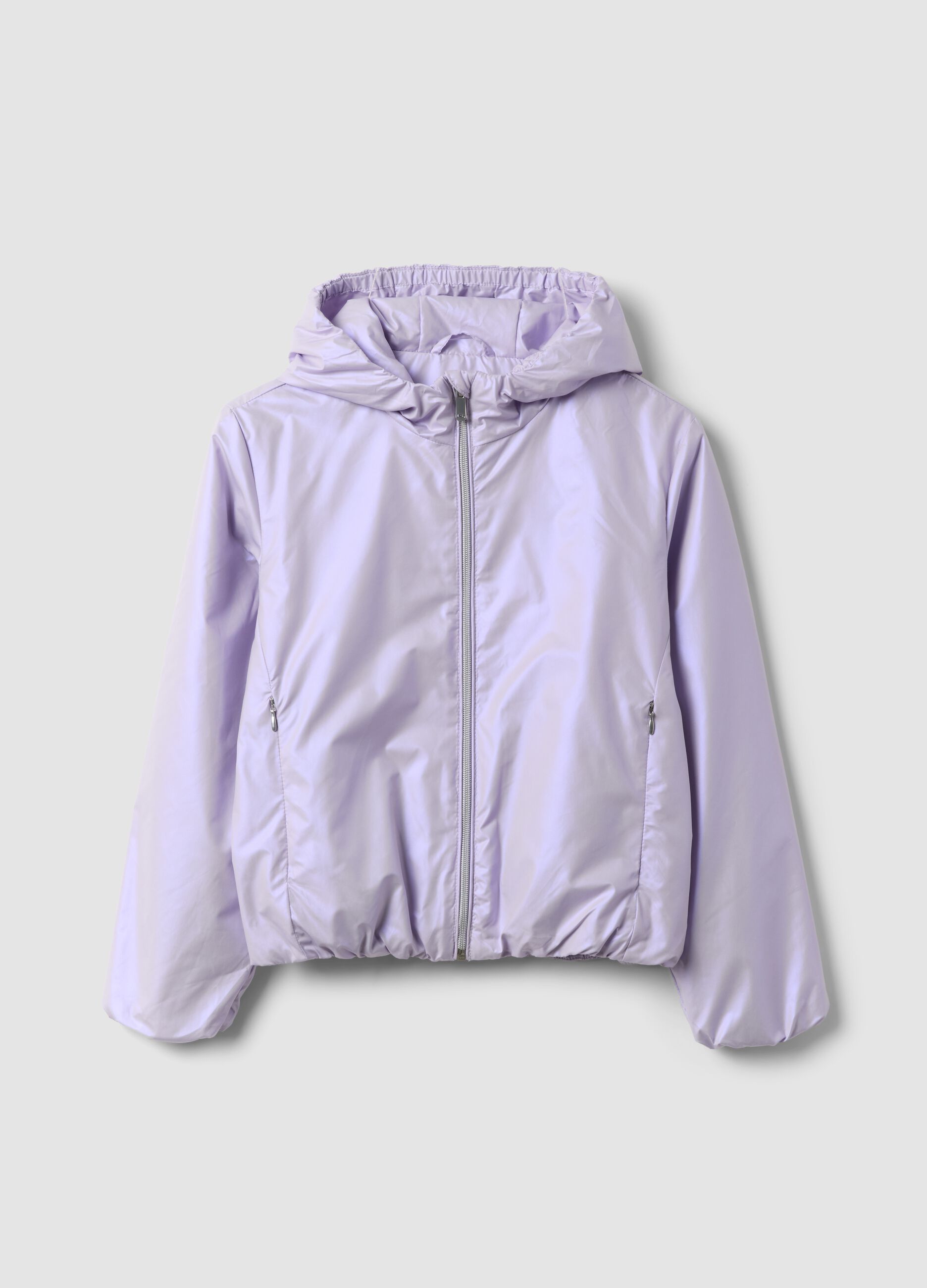 Purple hooded rain jacket with zip for girls