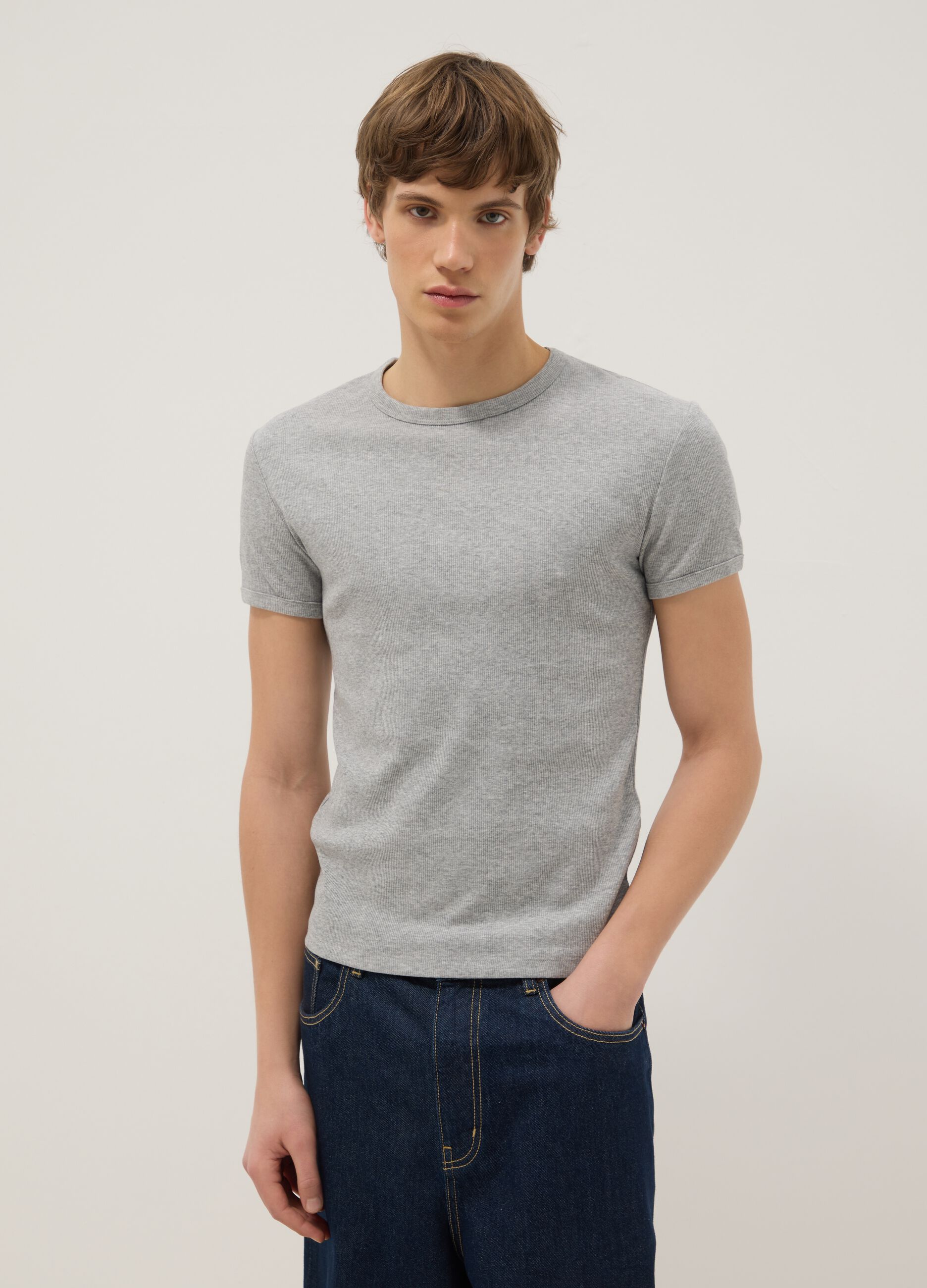 Grey slim fit stretch cotton T-shirt