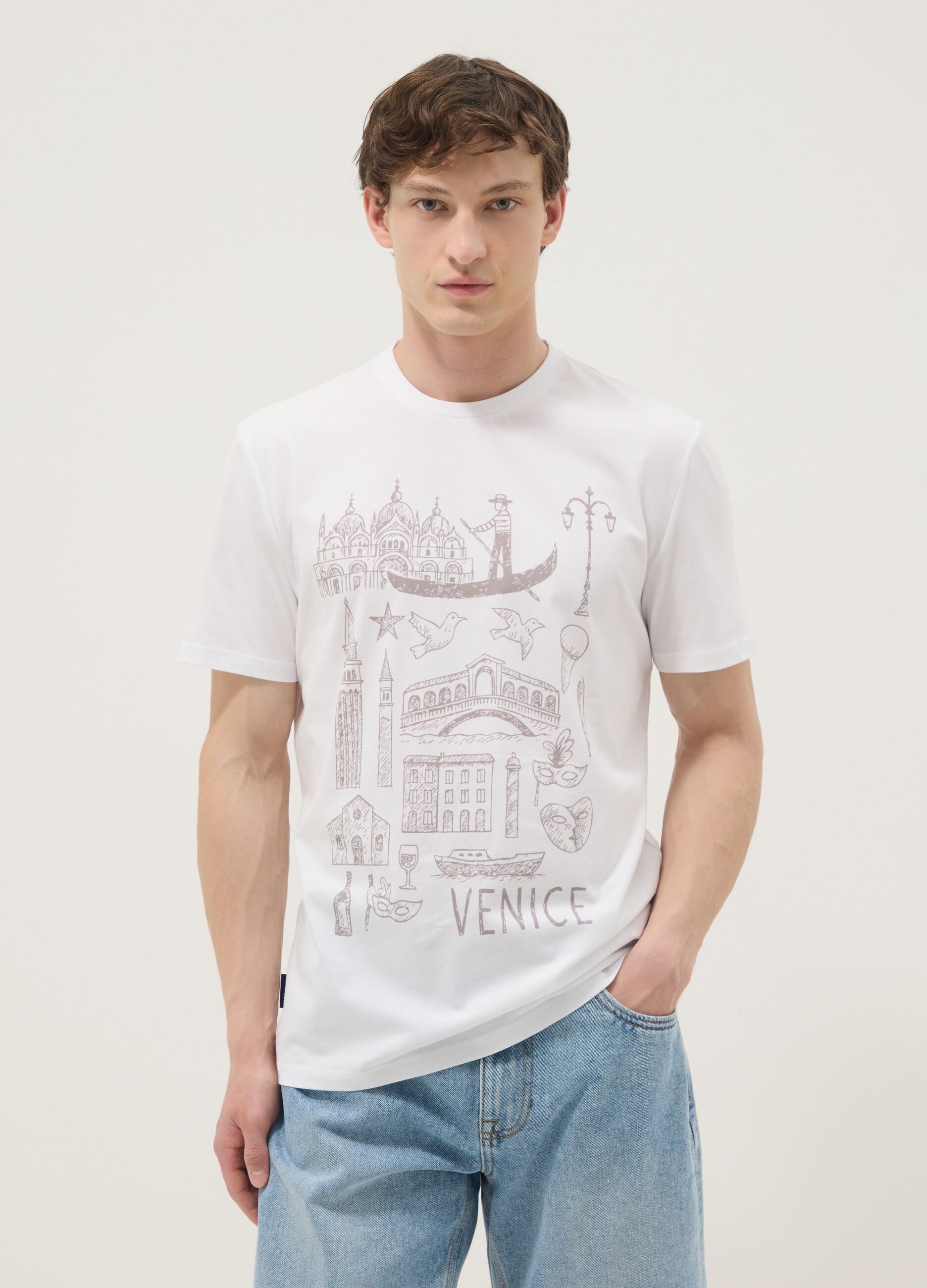 Wei&szlig;es T-Shirt aus reiner Baumwolle mit Print, Regular Fit