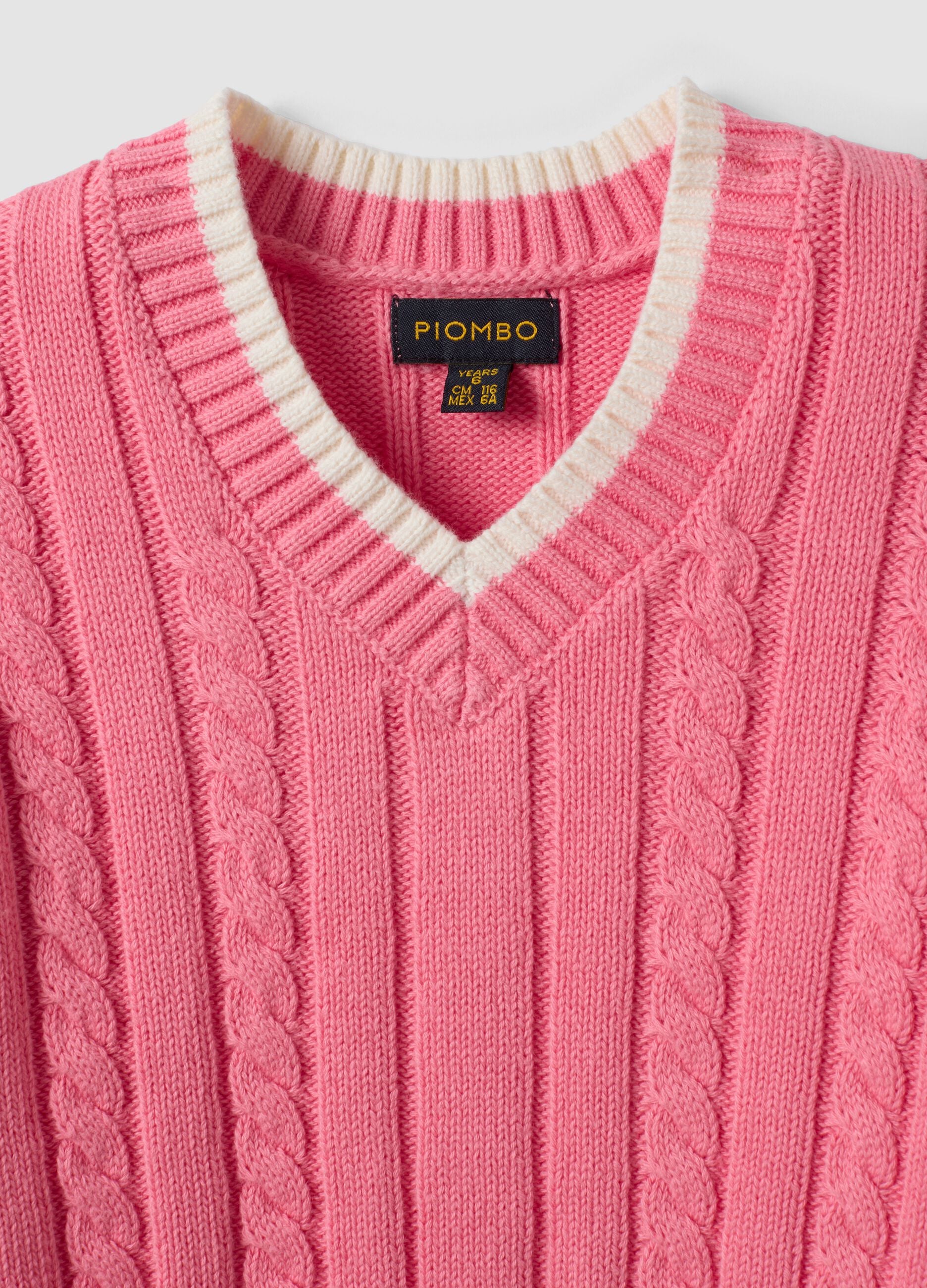 Pink pure cotton cable-knit V-neck jumper for girls