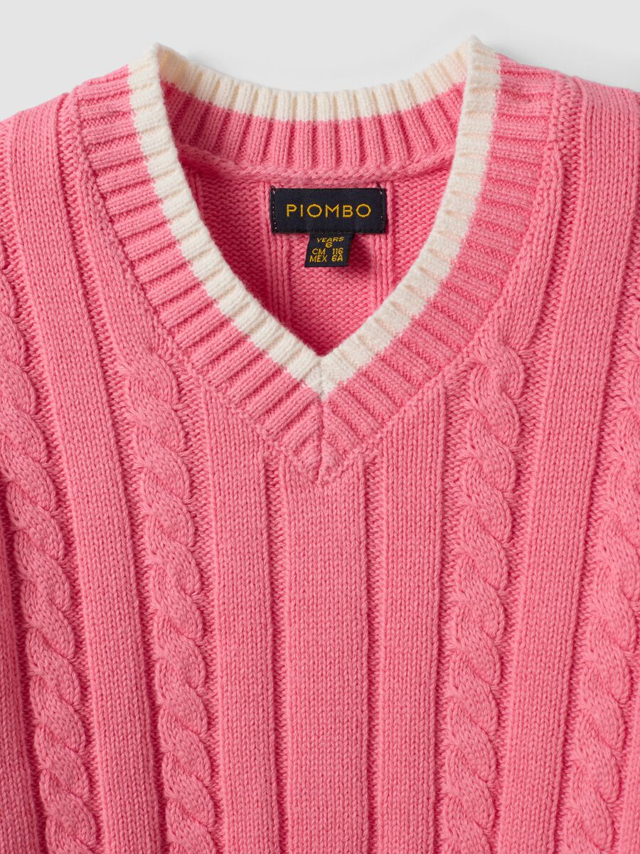 Pink pure cotton cable-knit V-neck jumper for girls_2