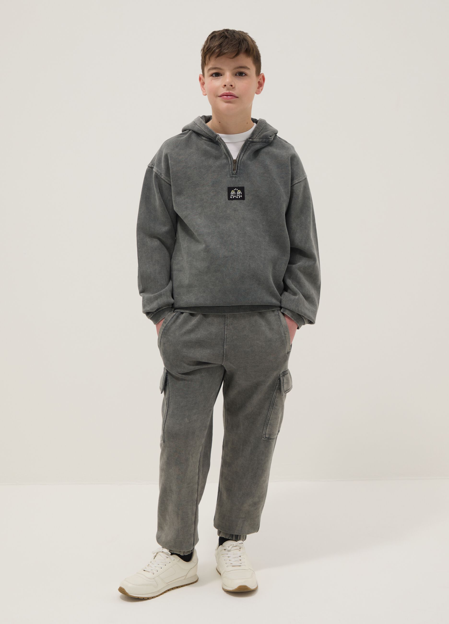 Boys' grey cotton blend cargo jogger trousers regular fit