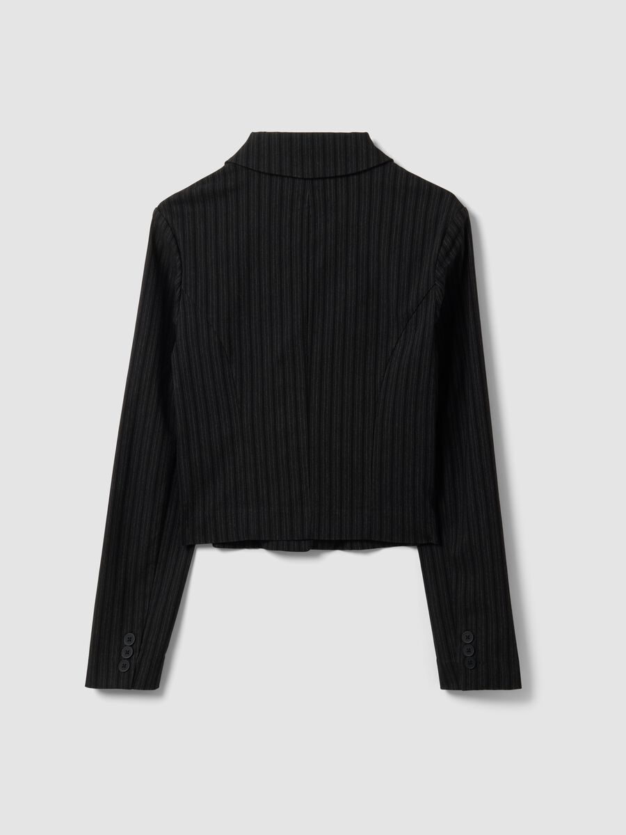 Black cropped stretch viscose blazer with classic lapels, slim fit_6