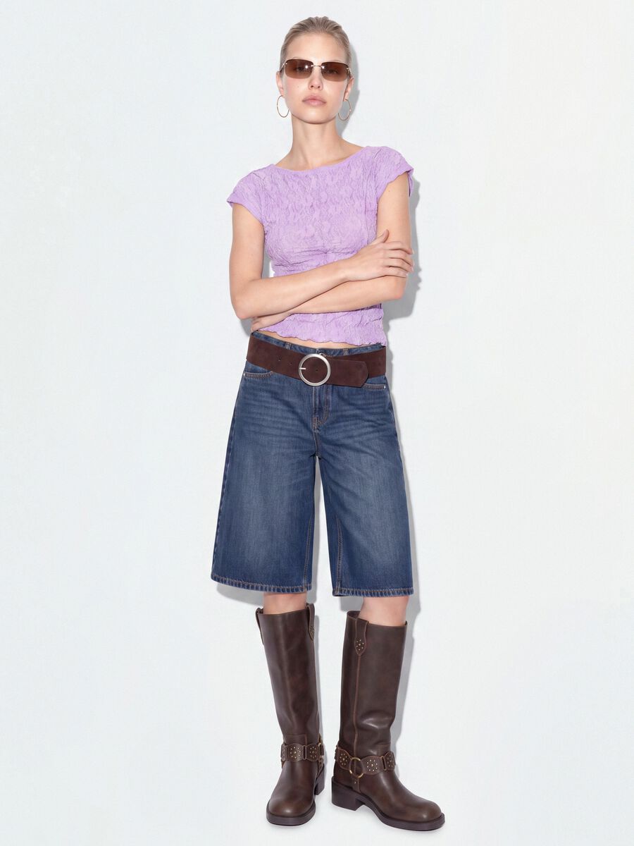 Purple stretch T-shirt with embossed floral texture_1