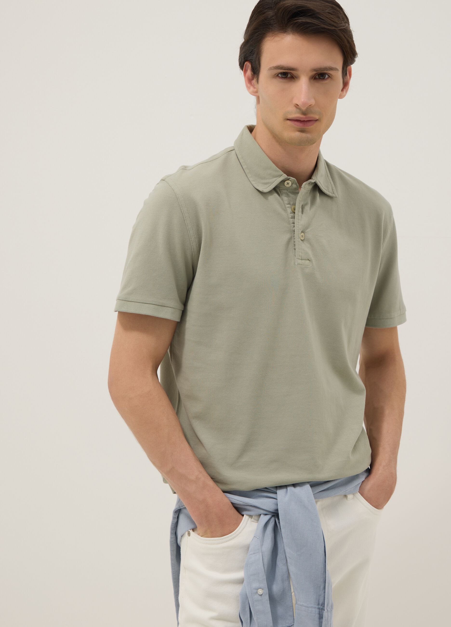 Green slim-fit short-sleeve pure cotton polo shirt
