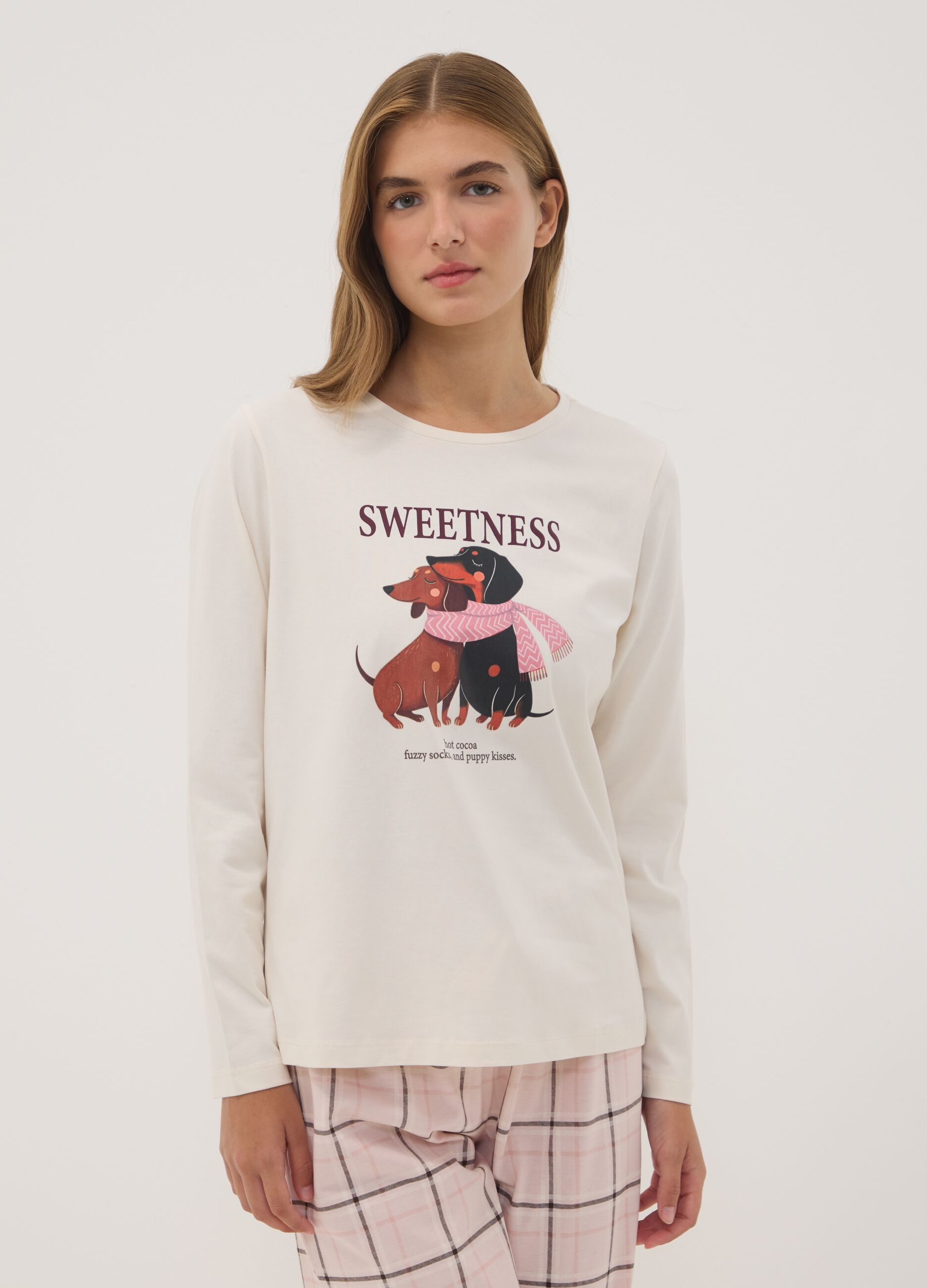 Pink pure organic cotton crew-neck pyjamas