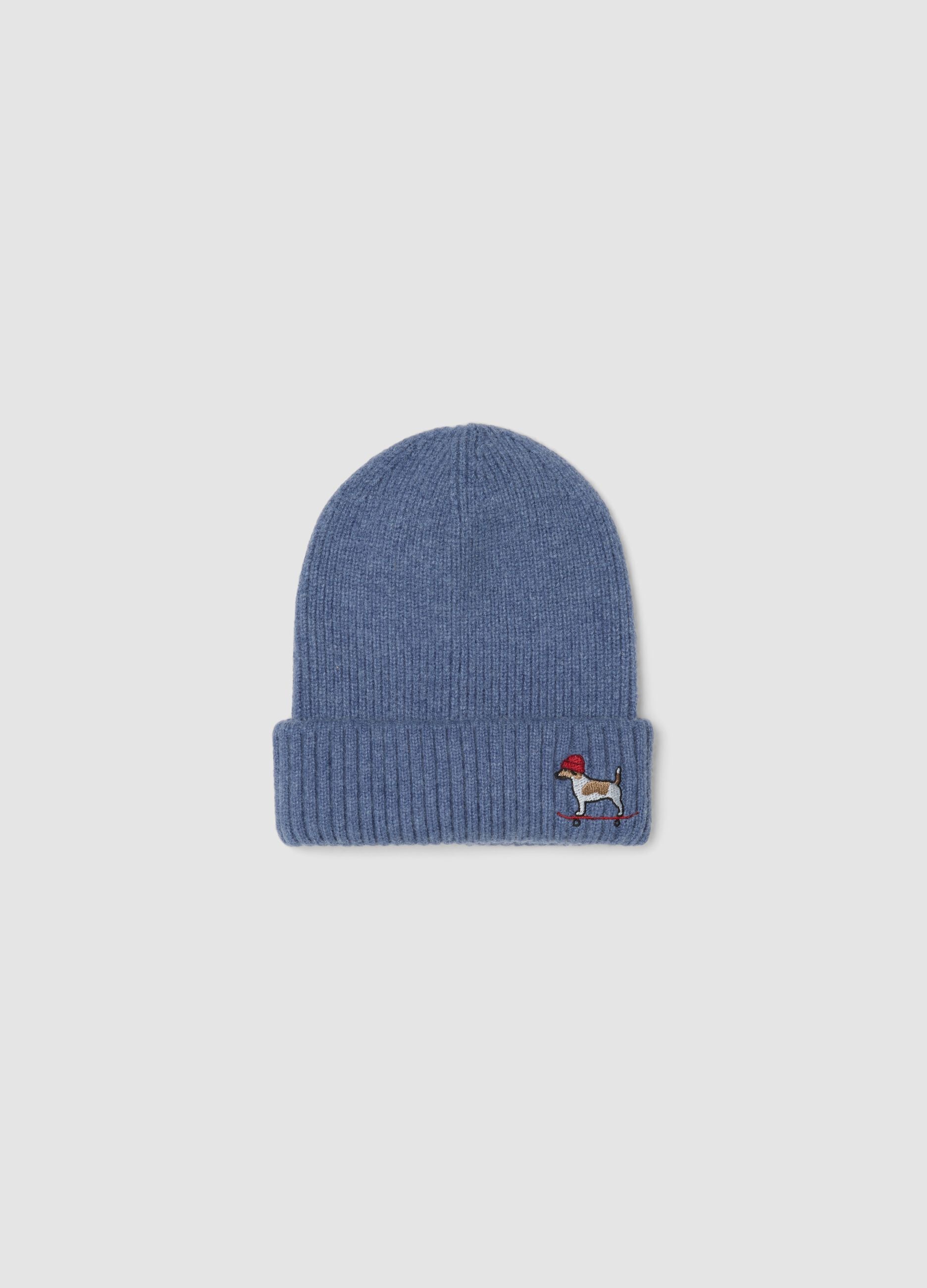Blaue Rippstrick-M&uuml;tze mit Umschlag