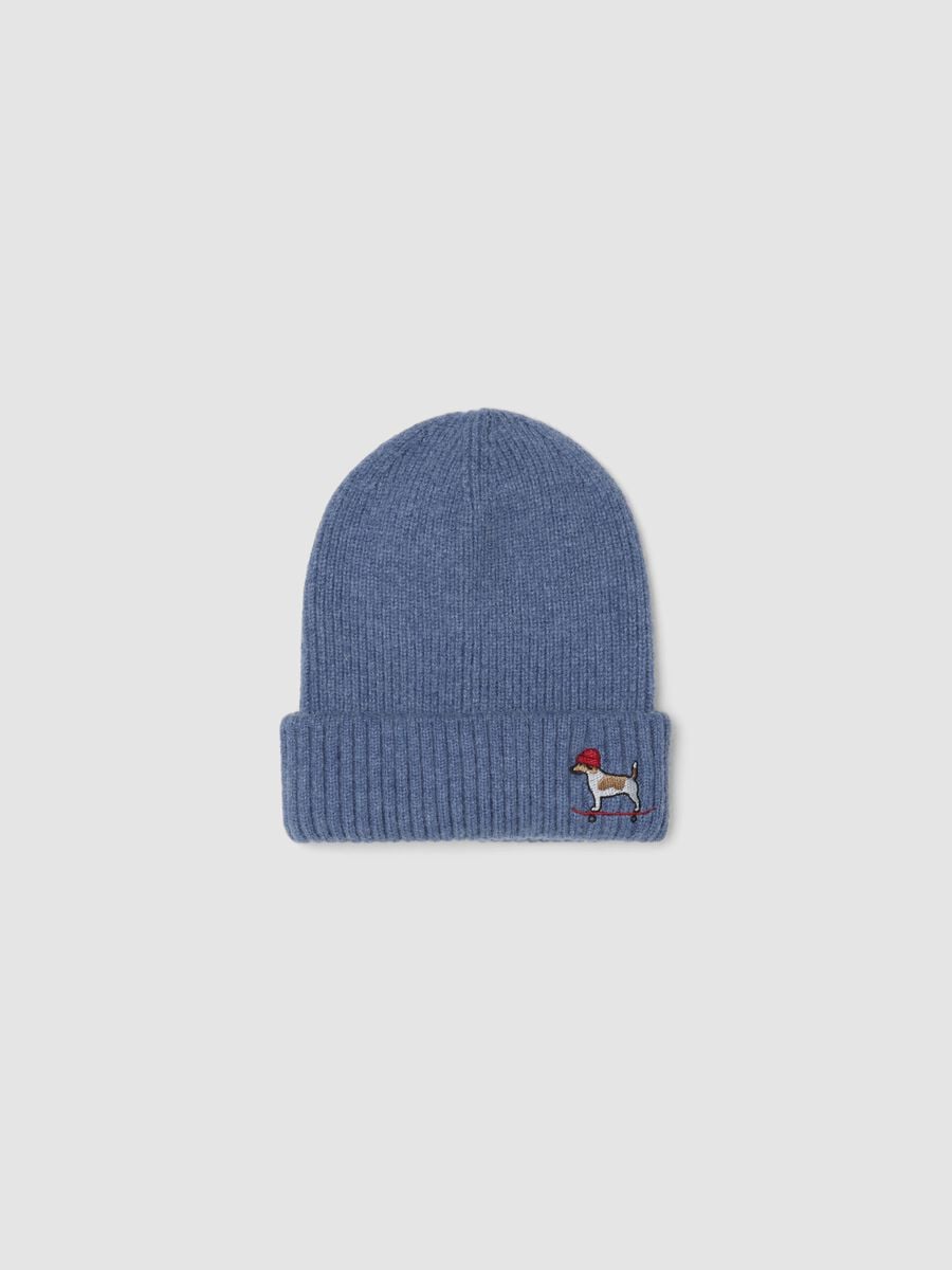 Blue ribbed knit beanie with turn-up cuff_0