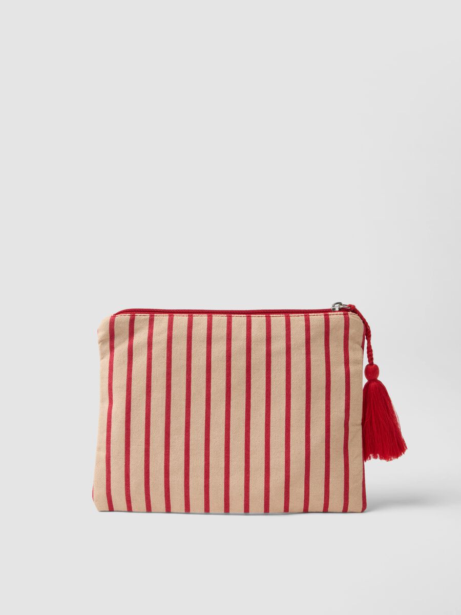Beige pure cotton pouch with red stripes, tassel and zip_1