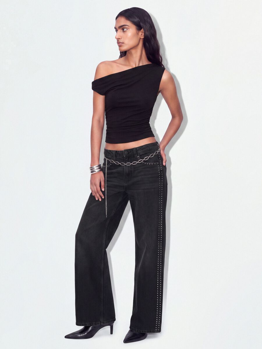 Schwarzes asymmetrisches One-Shoulder-Top aus Stretch-Viskose in Slim Fit_1