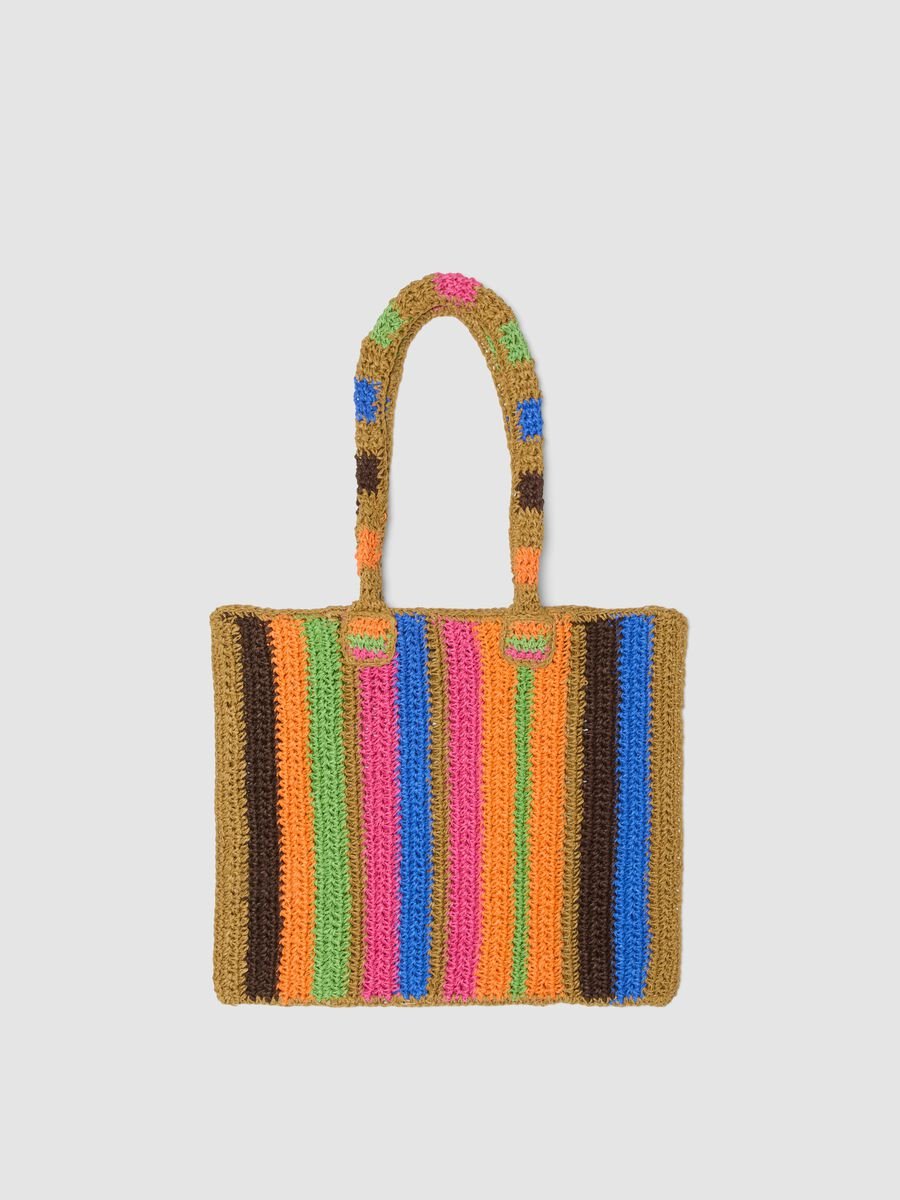 Multicoloured striped beach bag in pure paper fabric_0