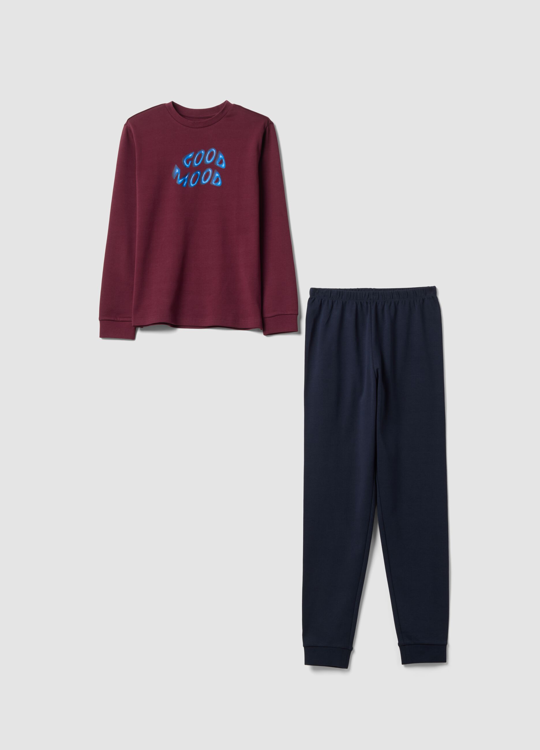 Multicoloured organic cotton pyjamas with "Good Mood" slogan for boys