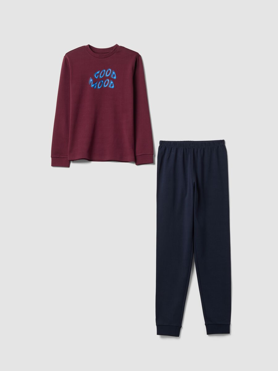 Multicoloured organic cotton pyjamas with "Good Mood" slogan for boys_0