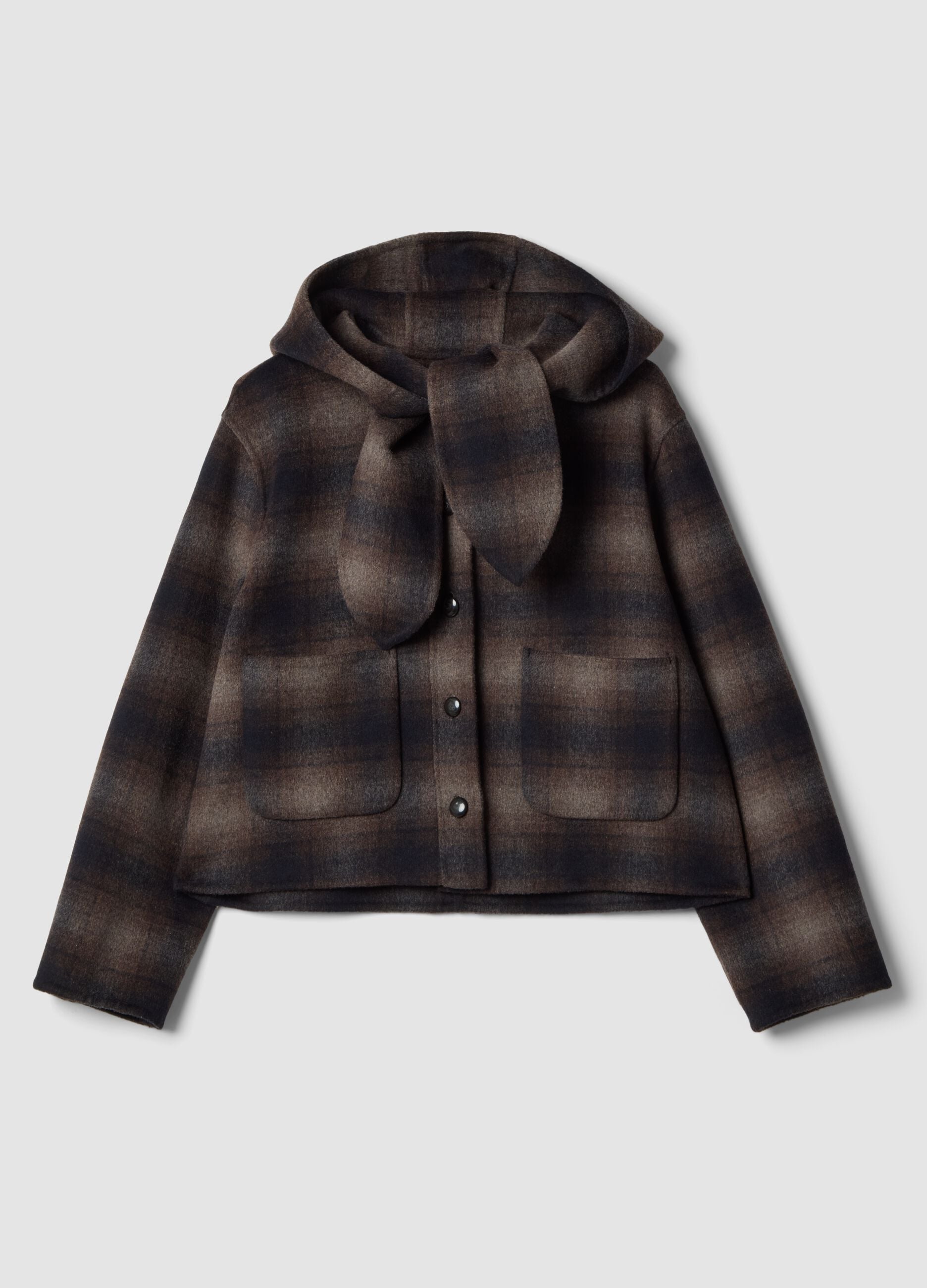 Brown wool and viscose blend hooded coat, regular fit