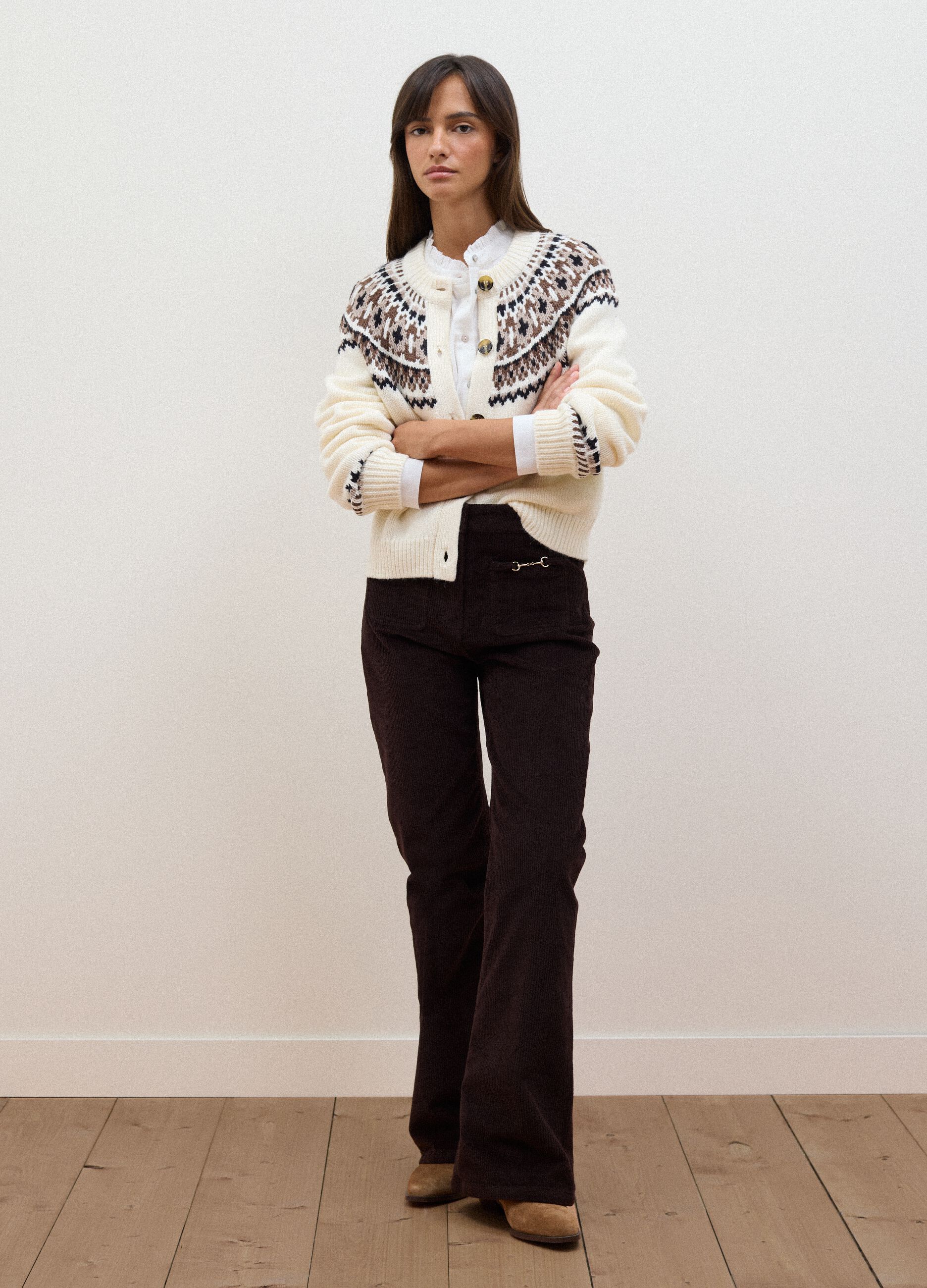 White jacquard wool-blend crew-neck cardigan