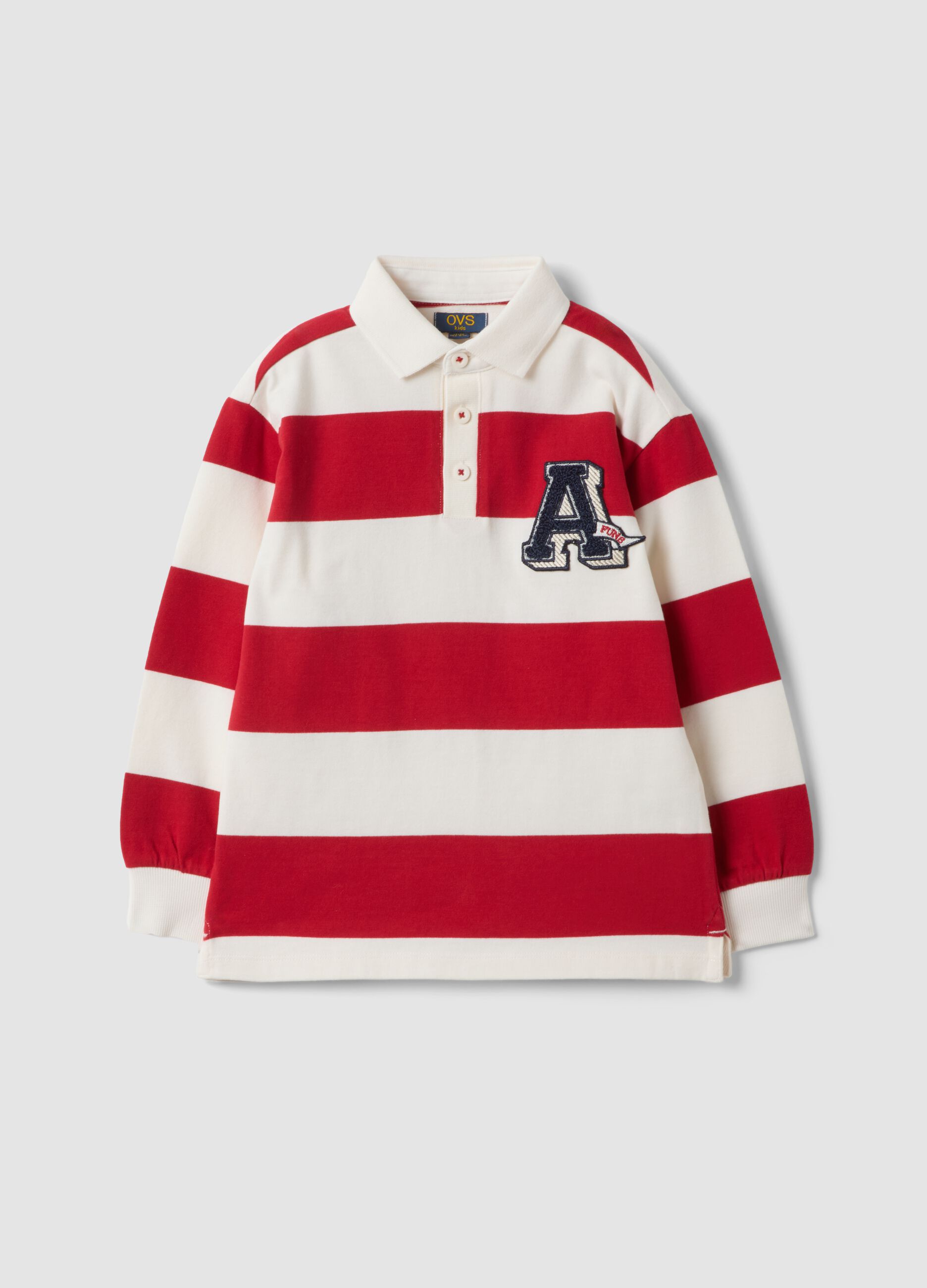 Red pure cotton striped polo shirt with classic collar for boys