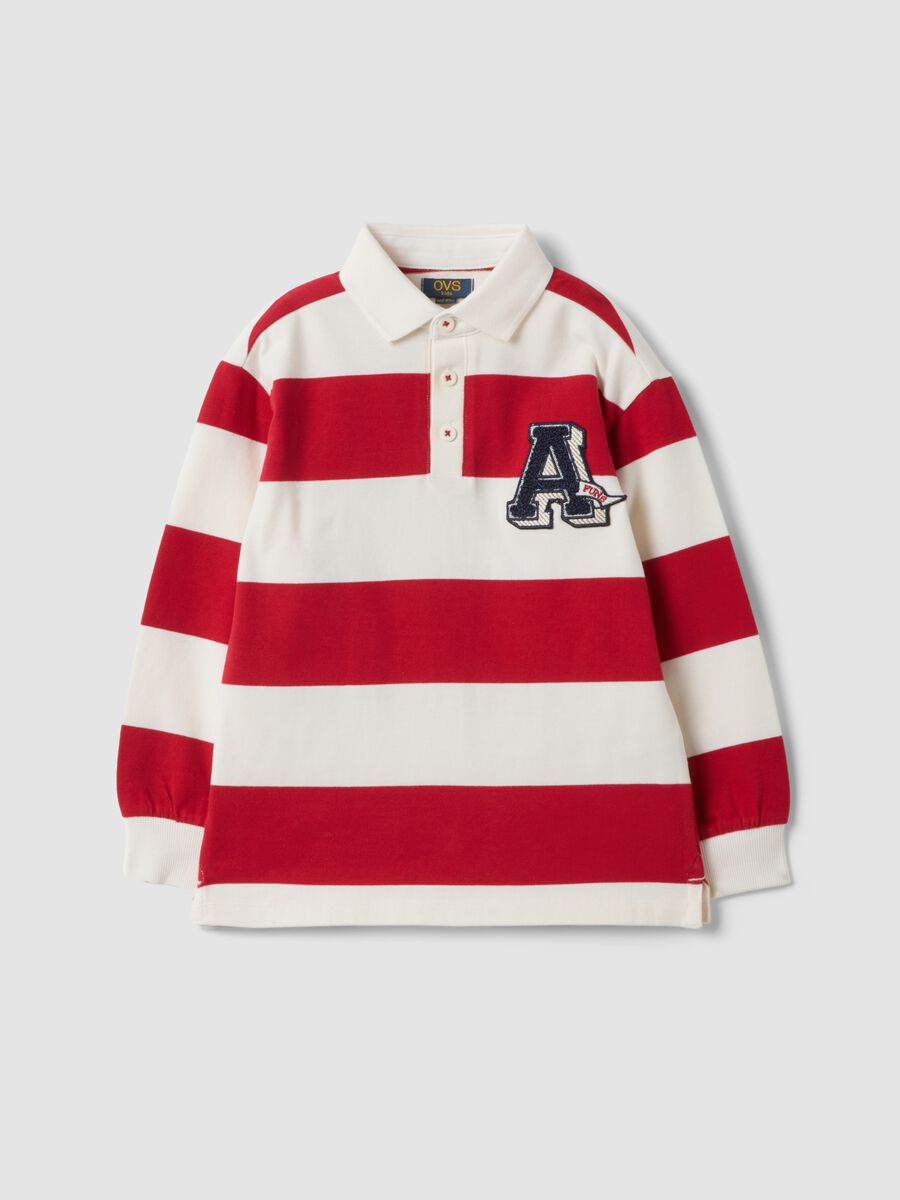 Red pure cotton striped polo shirt with classic collar for boys_0