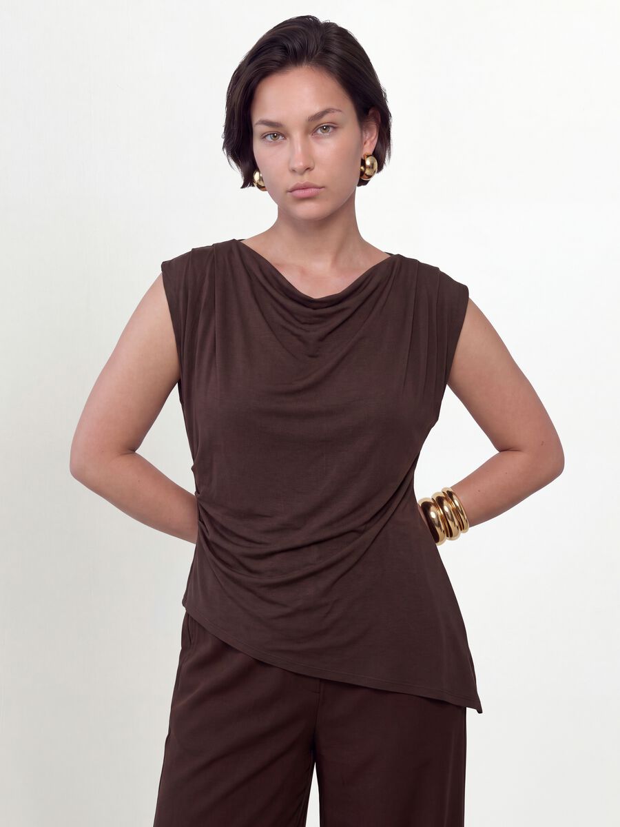 Brown stretch viscose T-shirt with draped neckline_0