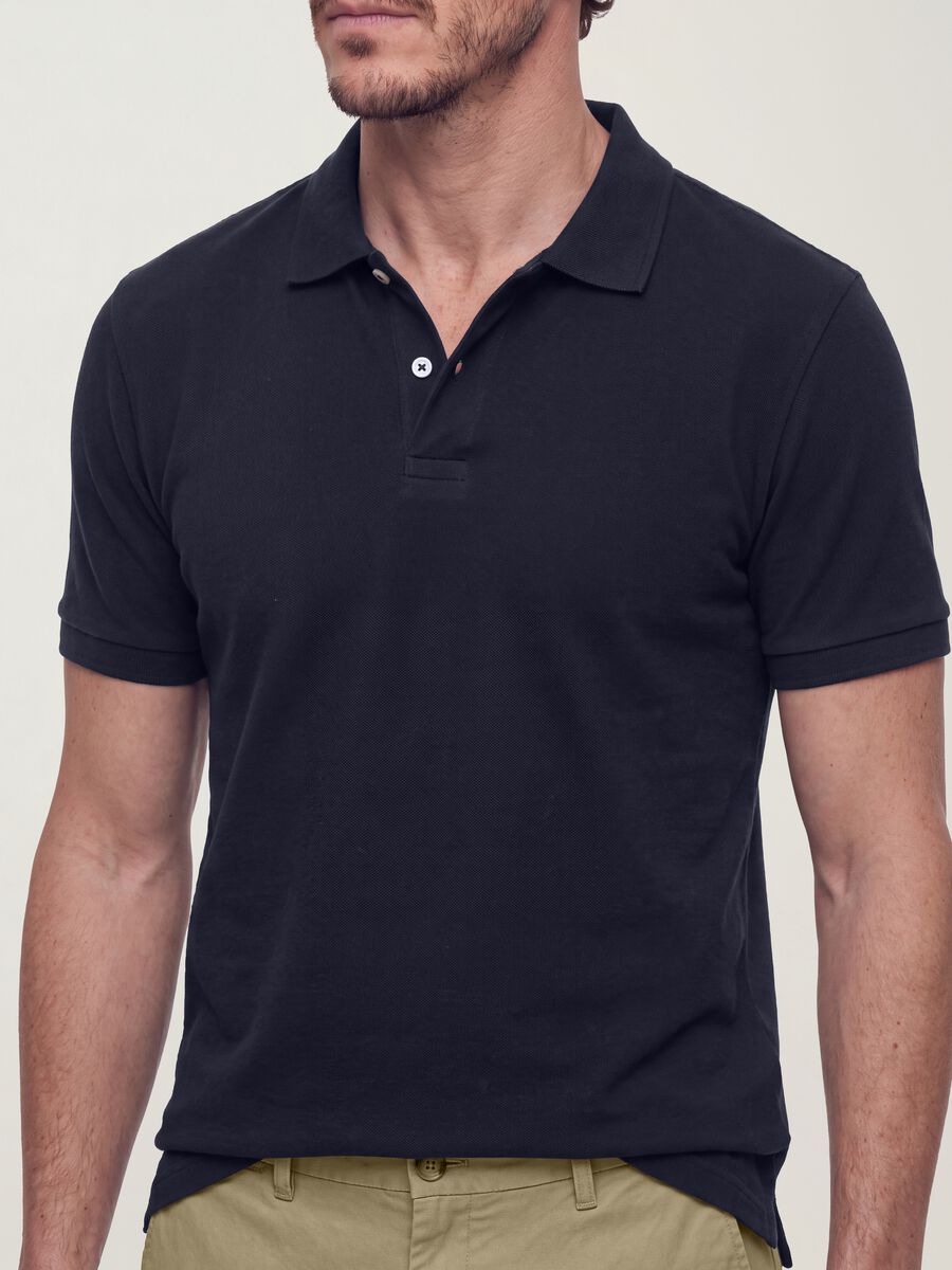 Blue pure cotton piqu&eacute; polo shirt with classic collar and regular fit_1