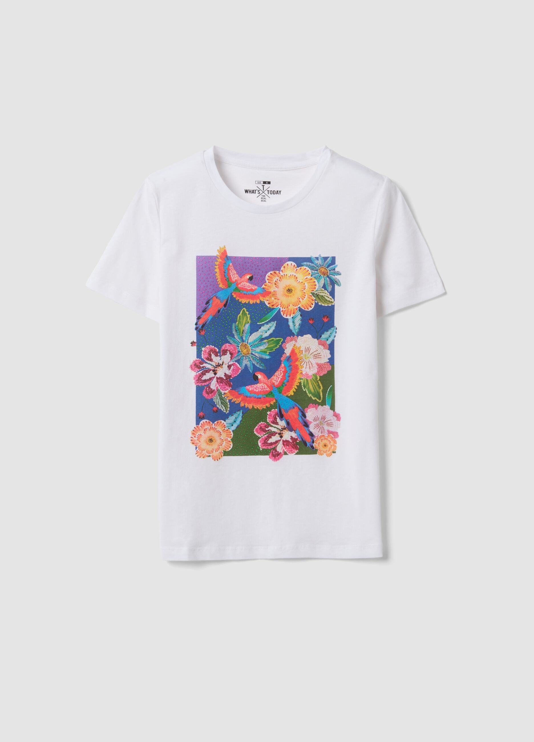 Camiseta blanca de algod&oacute;n puro con estampado floral