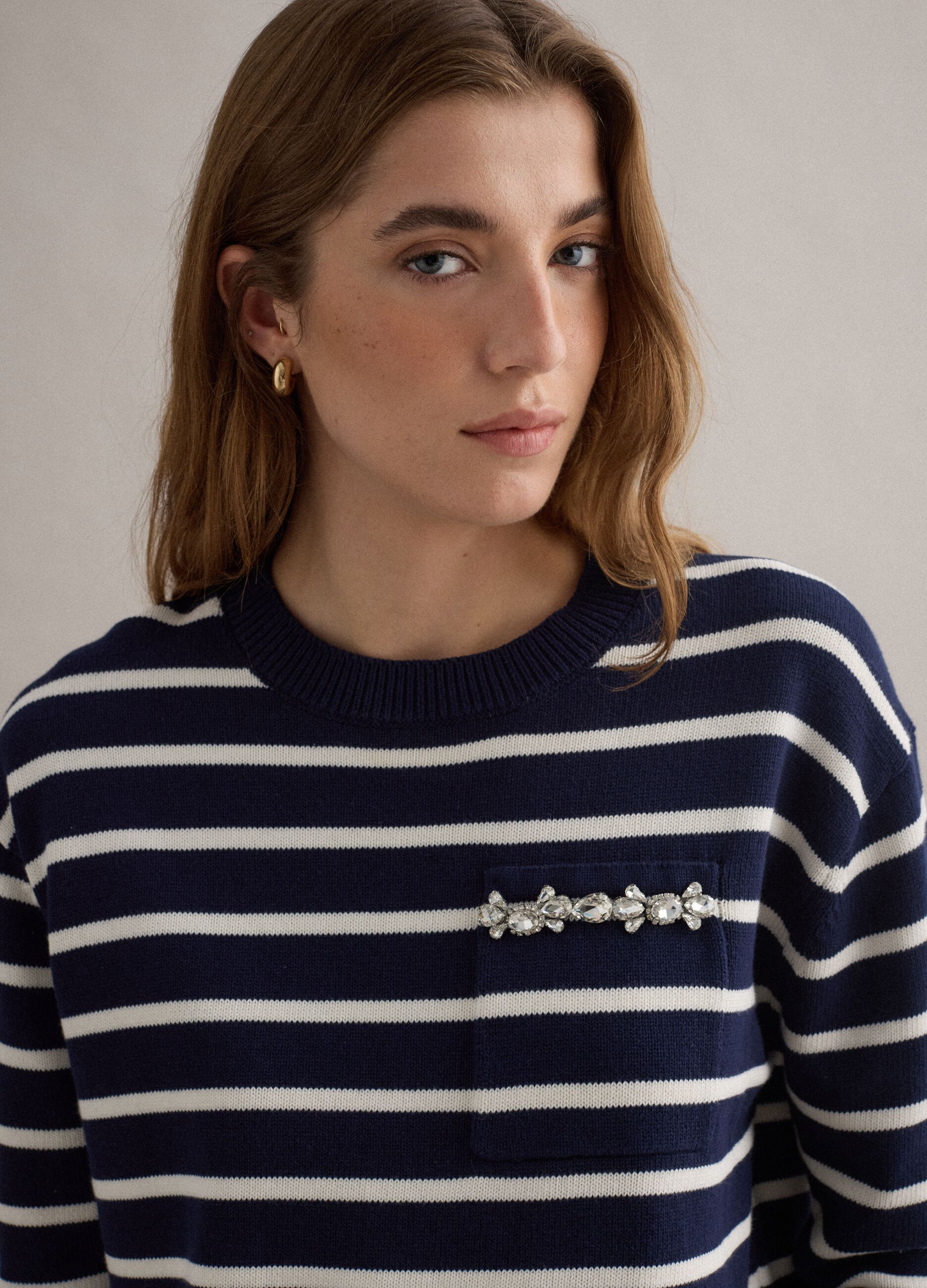 Blue jumper with white stripes in pure cotton regular fit