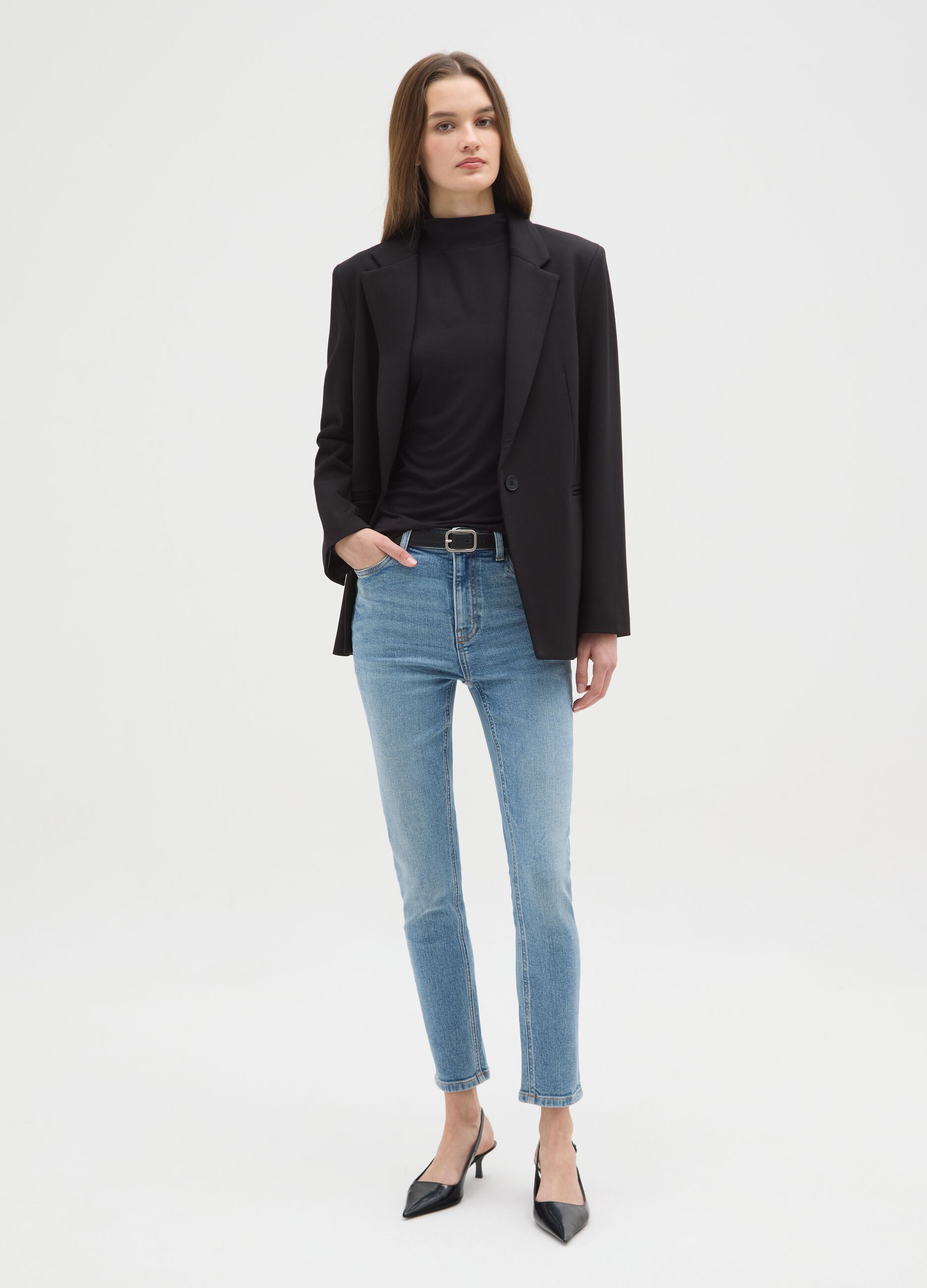 Blauwe enge Jeans aus elastischer Baumwolle mit hoher Taille