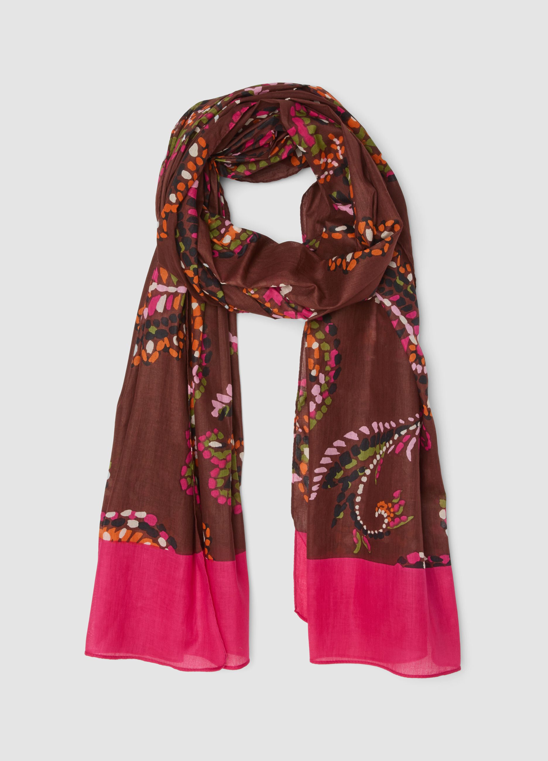 Brown and pink pure cotton floral print scarf