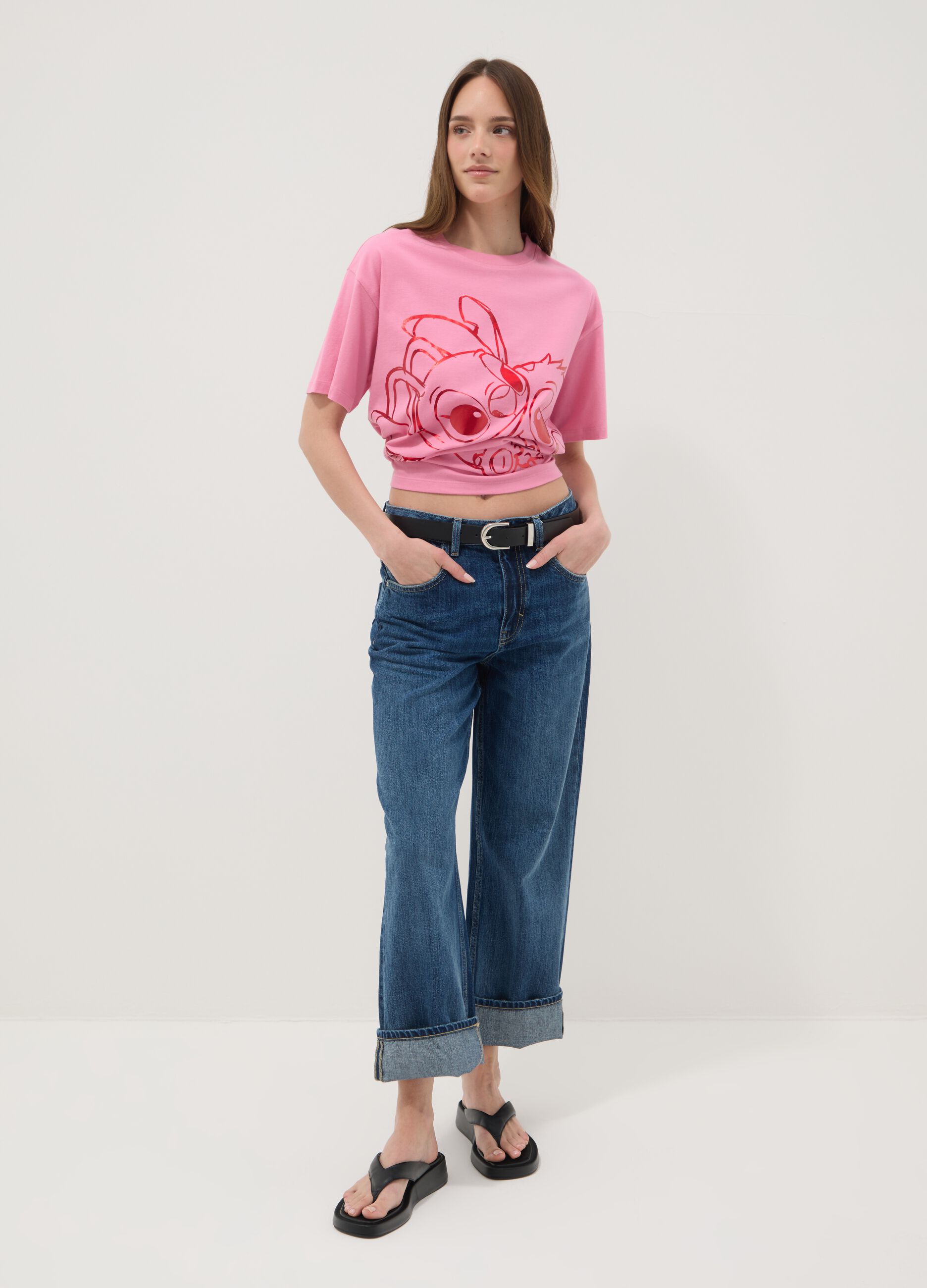 Pink pure cotton regular fit T-shirt with Stitch print
