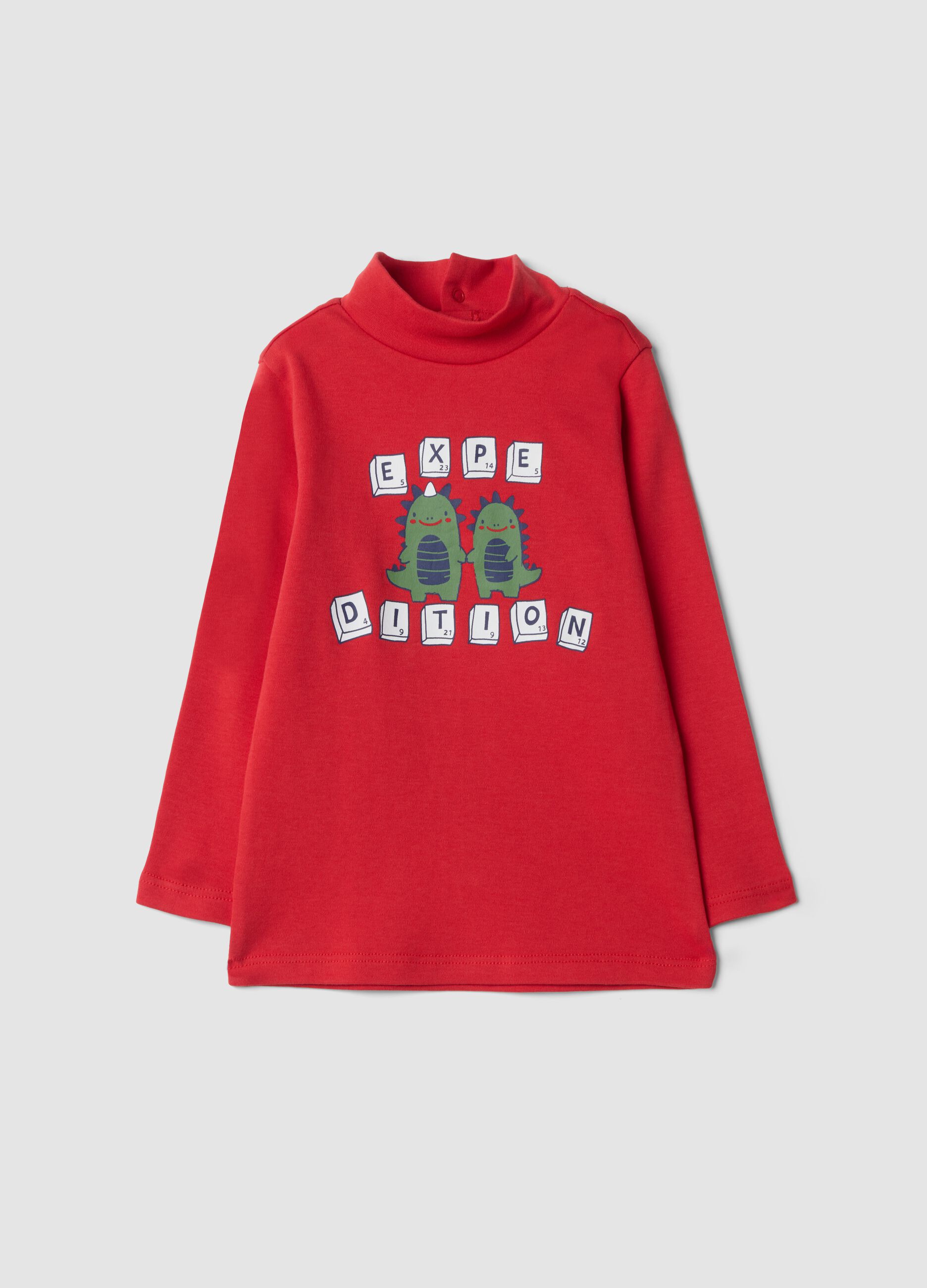 Red organic cotton T-shirt with raised collar