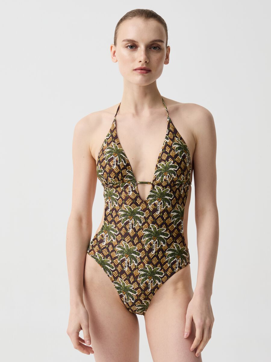 One-piece swimsuit with palms print_1